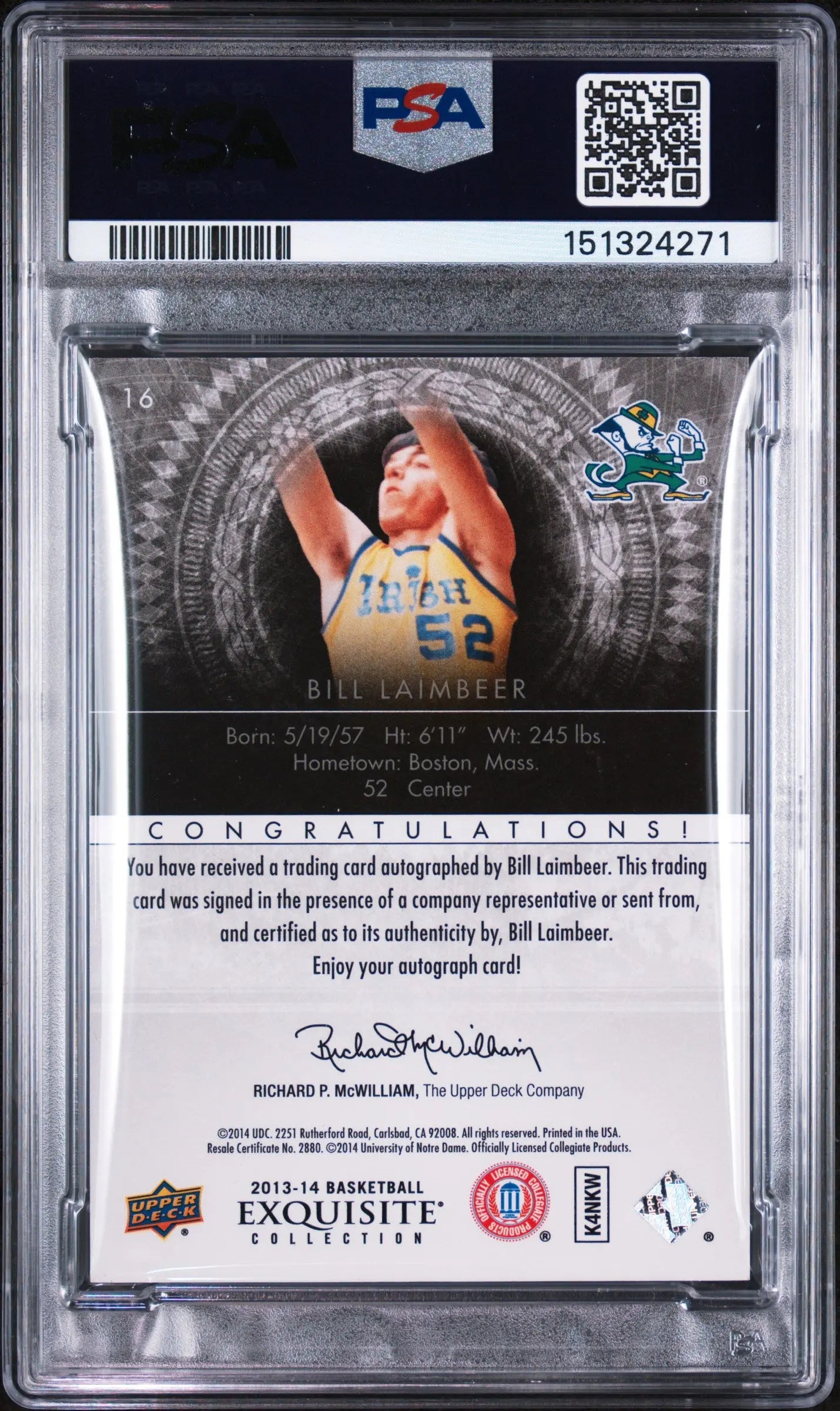 2013 Upper Deck Exquisite Collection Auto Yellow Bill Laimbeer #16 /5 PSA 9 