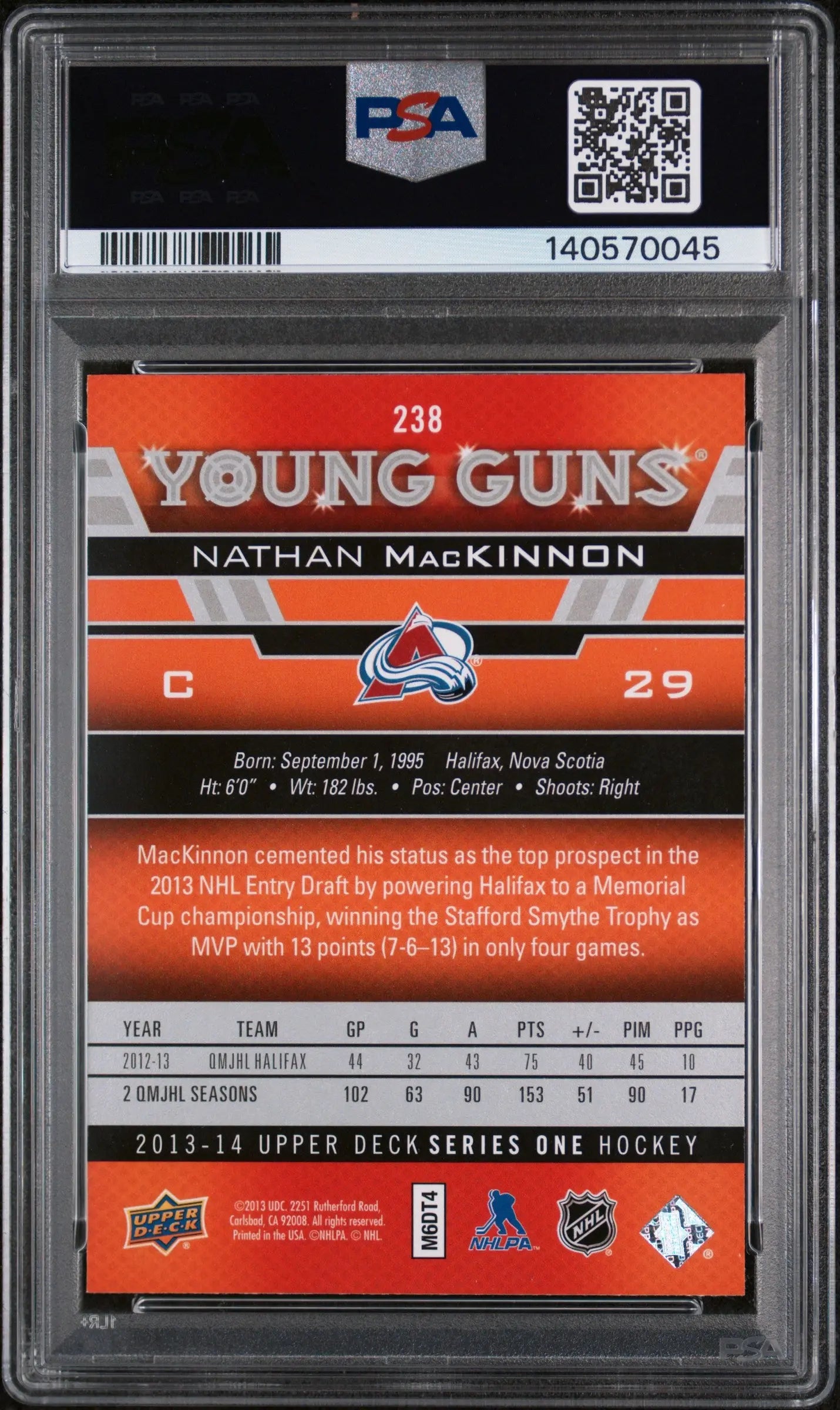 2013 Upper Deck Series One Young Guns Rookie Nathan Mackinnon RC PSA 8 