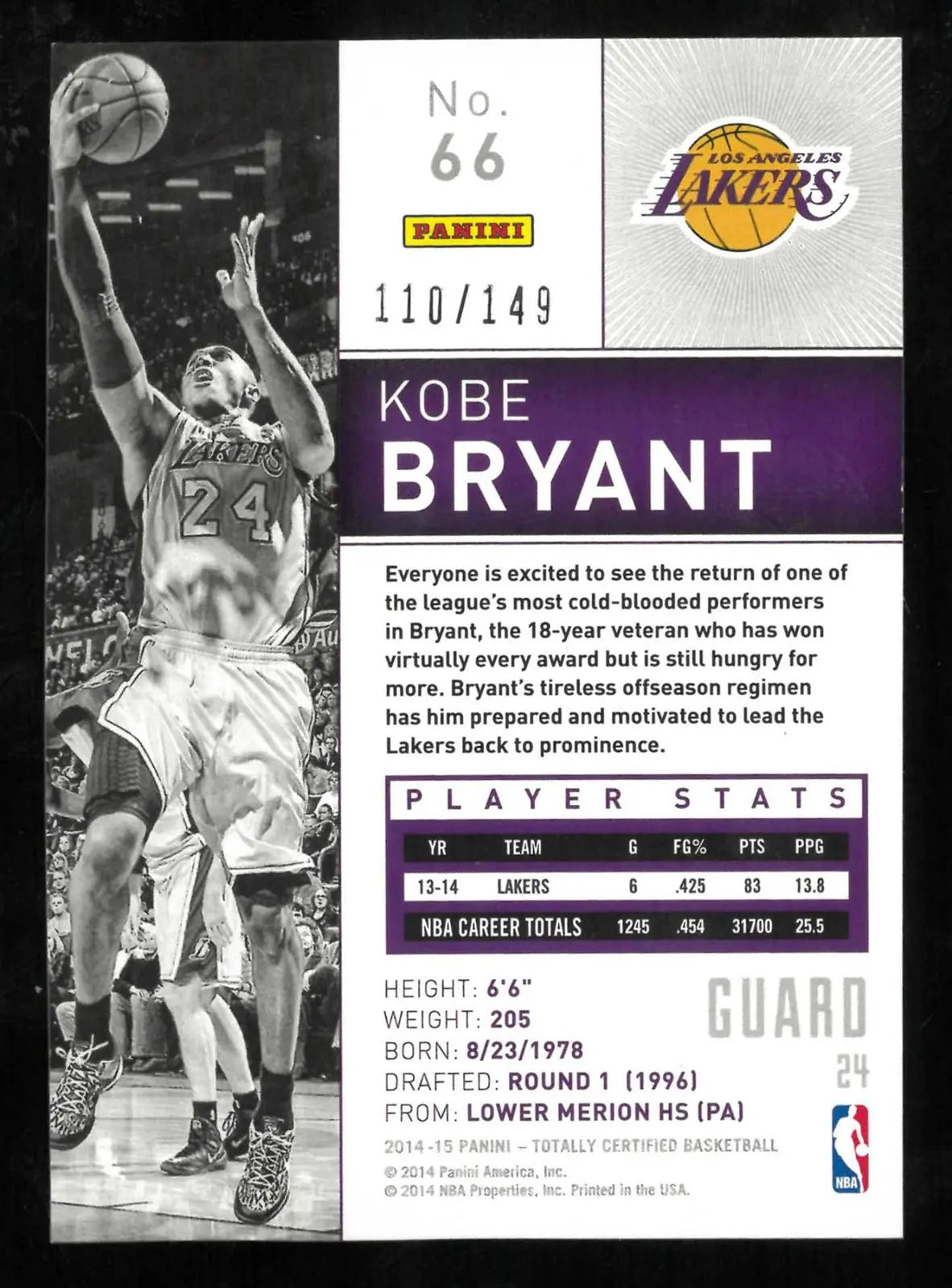 2014-15 Panini Totally Certified Basketball Kobe Bryant Platinum Blue /149 