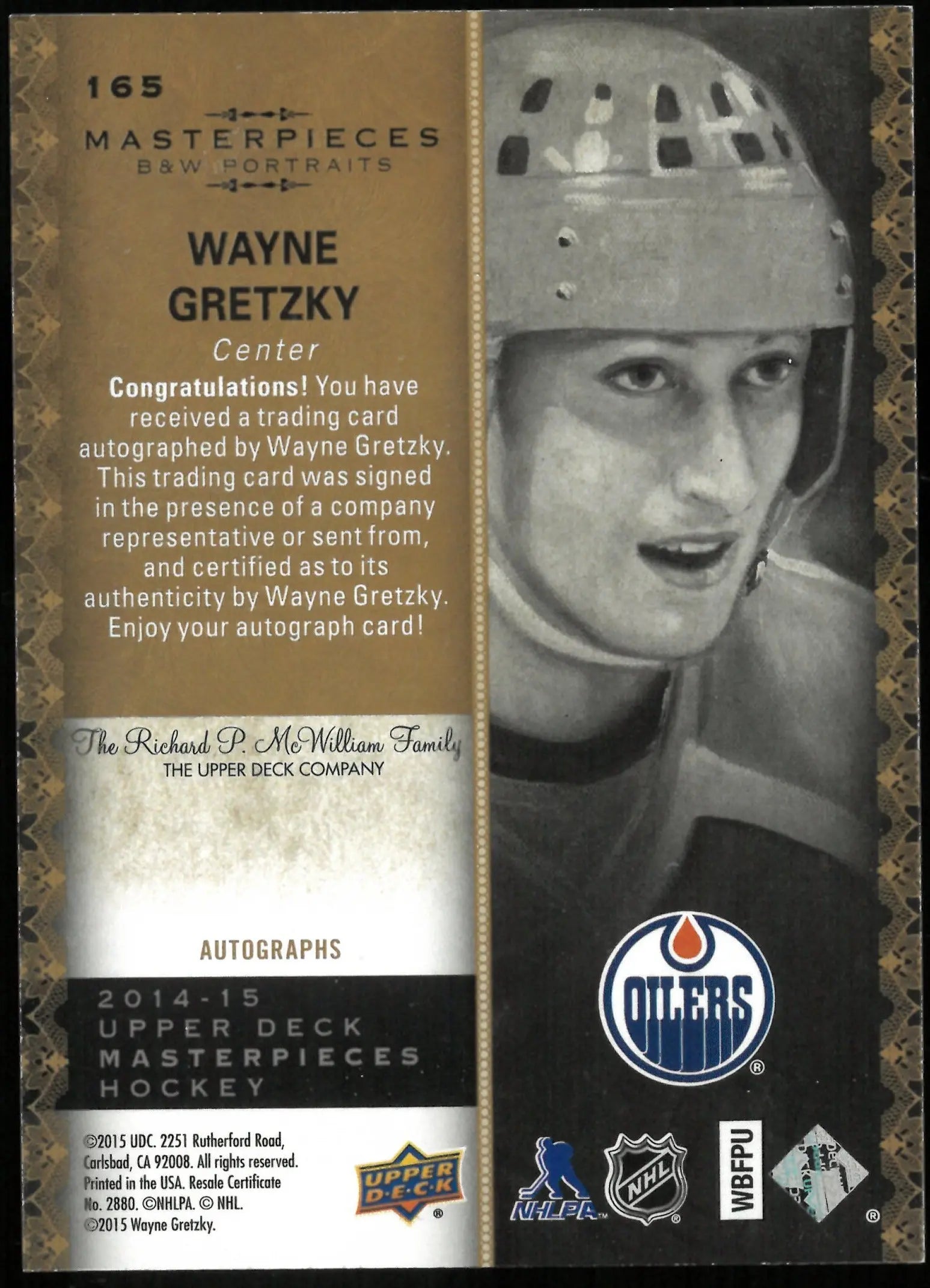2014-15 Upper Deck Masterpieces Wayne Gretzky Black White Portraits Auto 