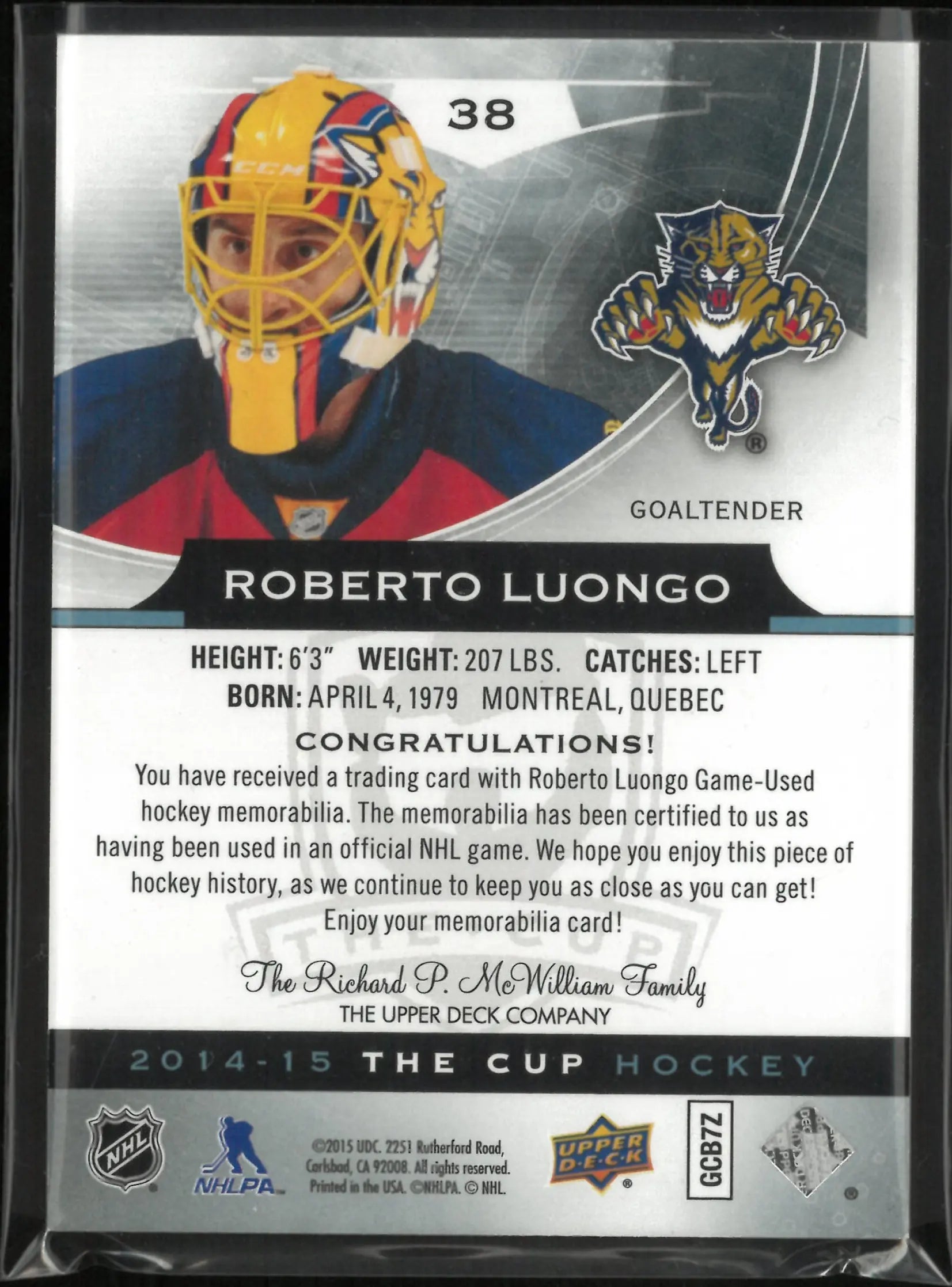 2014-15 Upper Deck The Cup Roberto Luongo Patch /10 