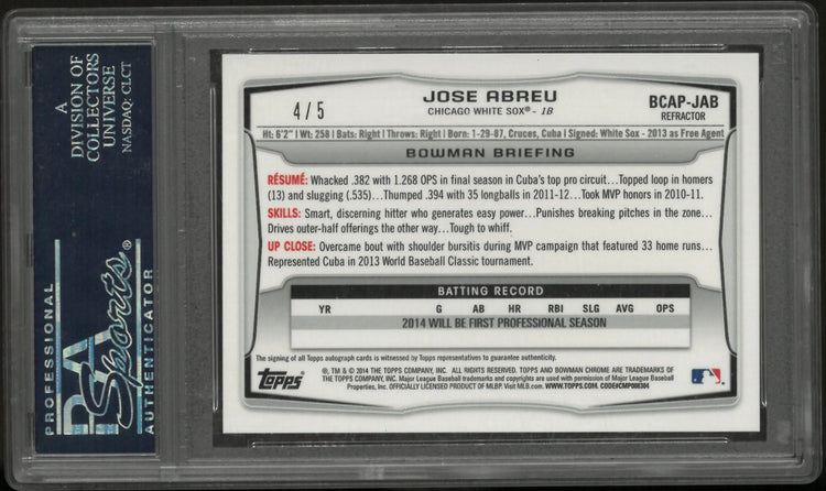 2014 1st Bowman Chrome Red Refractor Auto RC Jose Abreu PSA 10 /5 