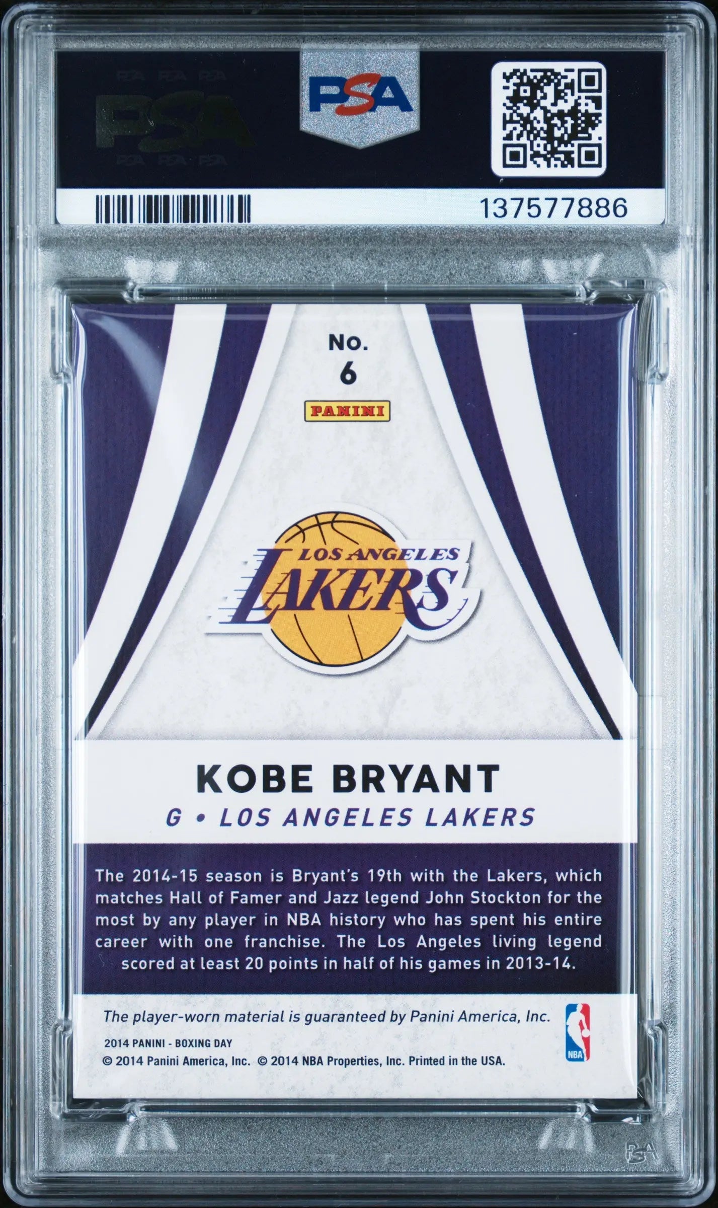 2014 Panini Boxing Day Patch Kobe Bryant Materials PSA Authentic 