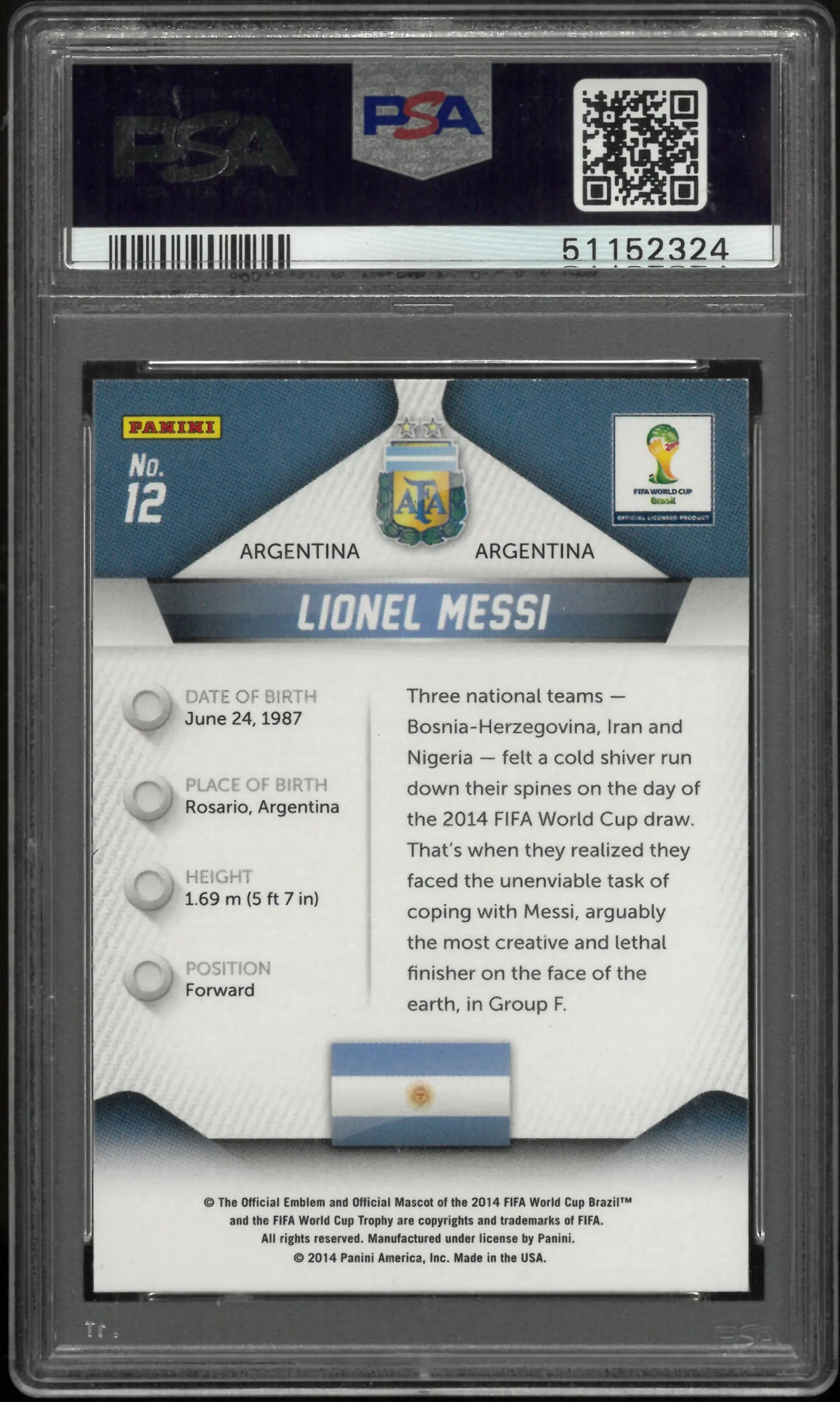 2014 Panini Prizm Brasil World Cup Lionel Messi GOAT #12 PSA 9 