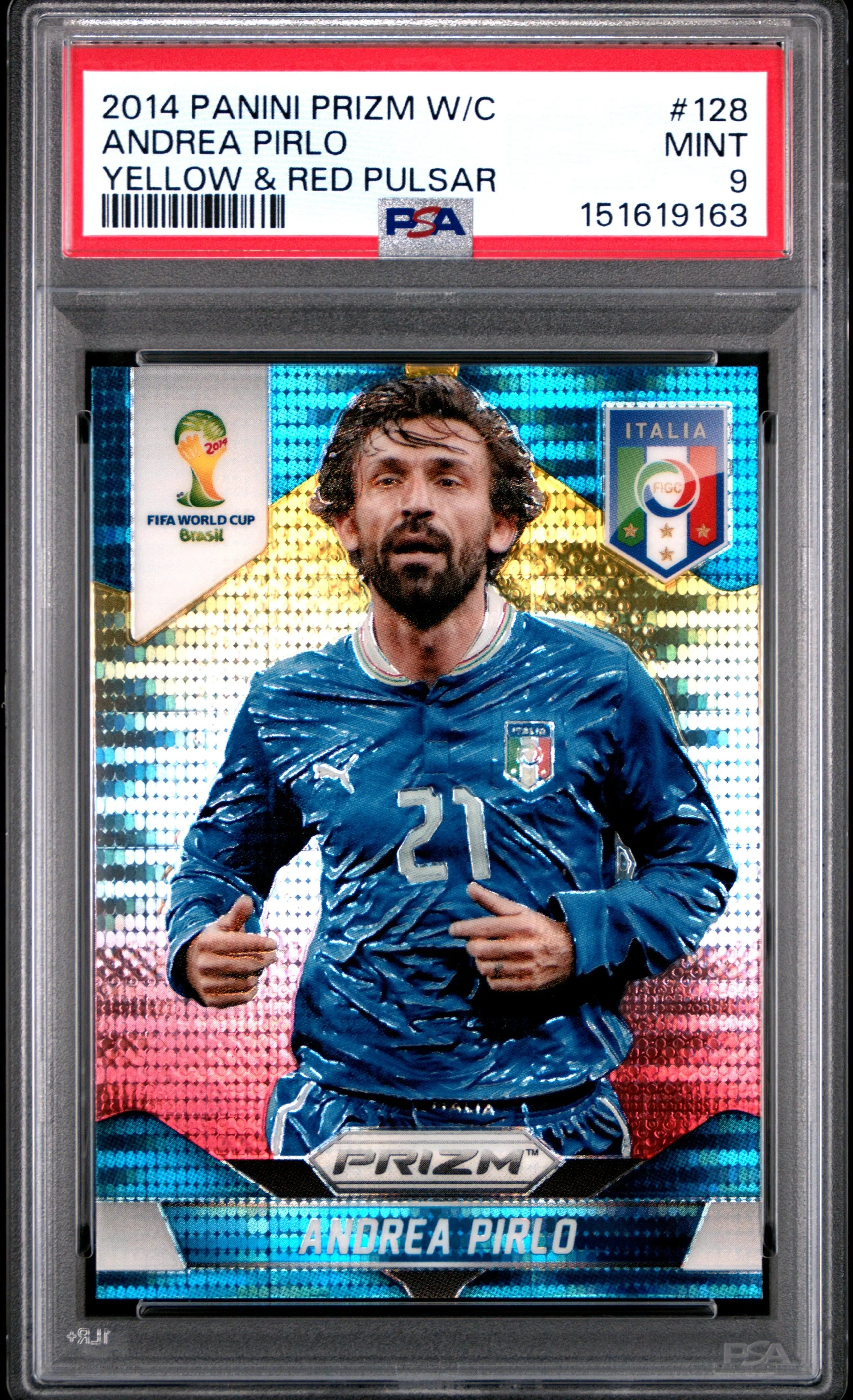 2014 Panini Prizm World Cup Andrea Pirlo Yellow & Red Pulsar PSA 9 