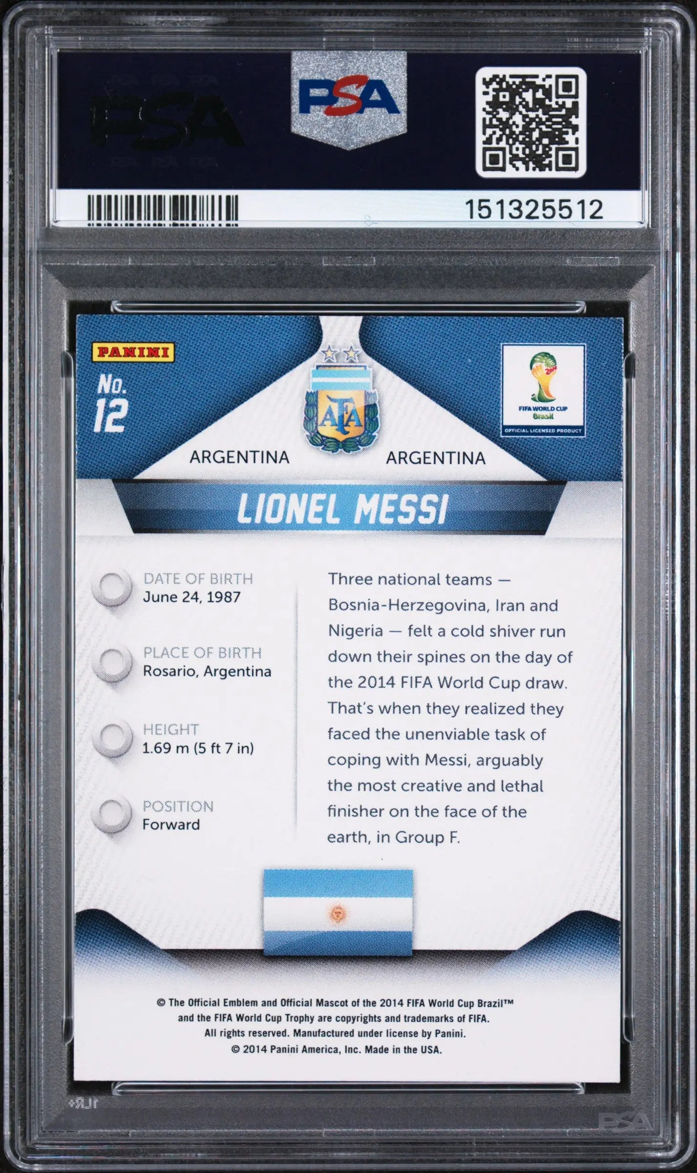 2014 Panini Prizm World Cup Lionel Messi #12 PSA 8 
