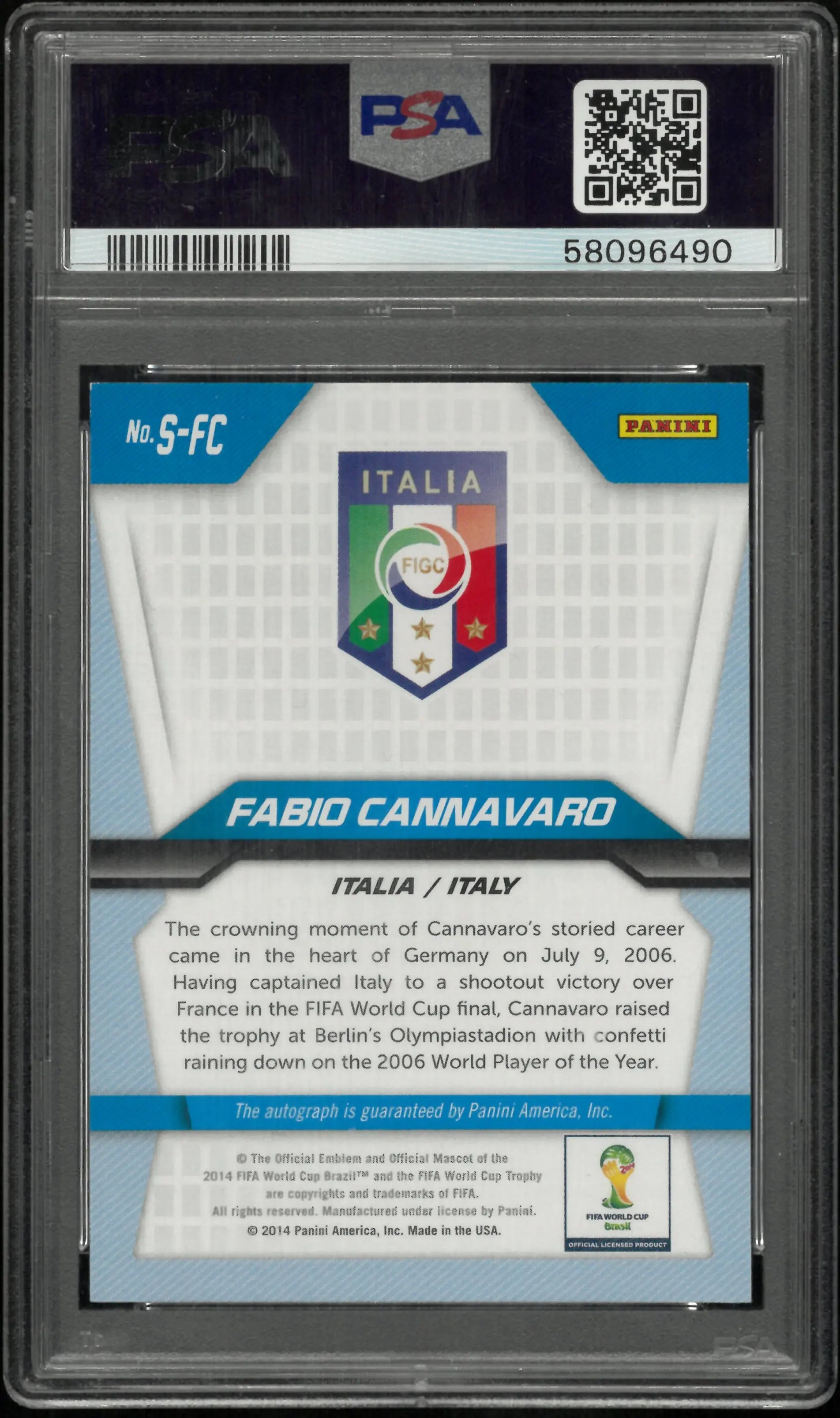 2014 Panini Prizm World Cup Signatures Auto Fabio Cannavaro PSA 9 