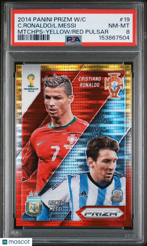2014 Prizm World Cup Matchups C. Ronaldo L. Messi Mtchps Yellow Red Pulsar PSA 8 