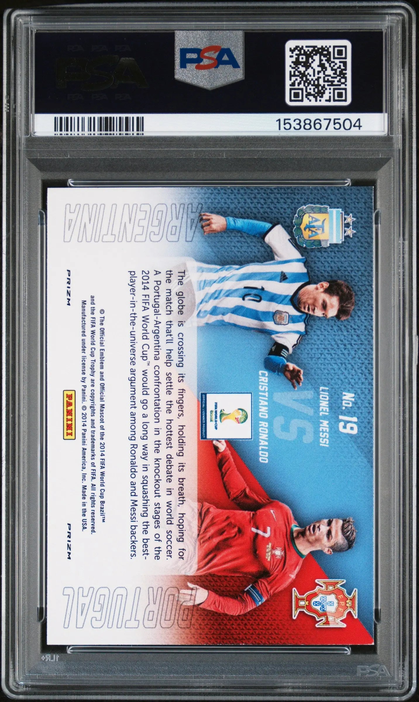 2014 Prizm World Cup Matchups C. Ronaldo L. Messi Mtchps Yellow Red Pulsar PSA 8 