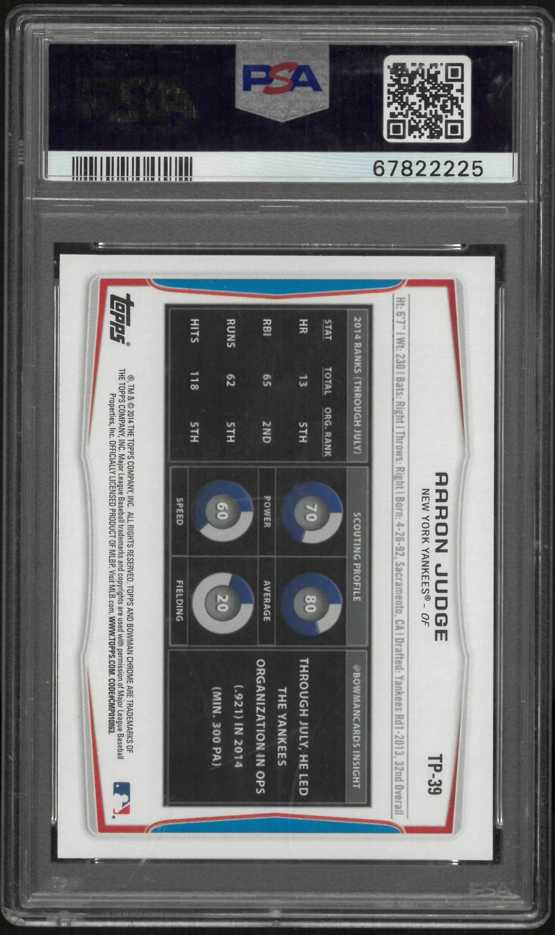 2014 Topps Bowman Draft Picks Top Prospects  Aaron Judge Asia Black PSA 9 