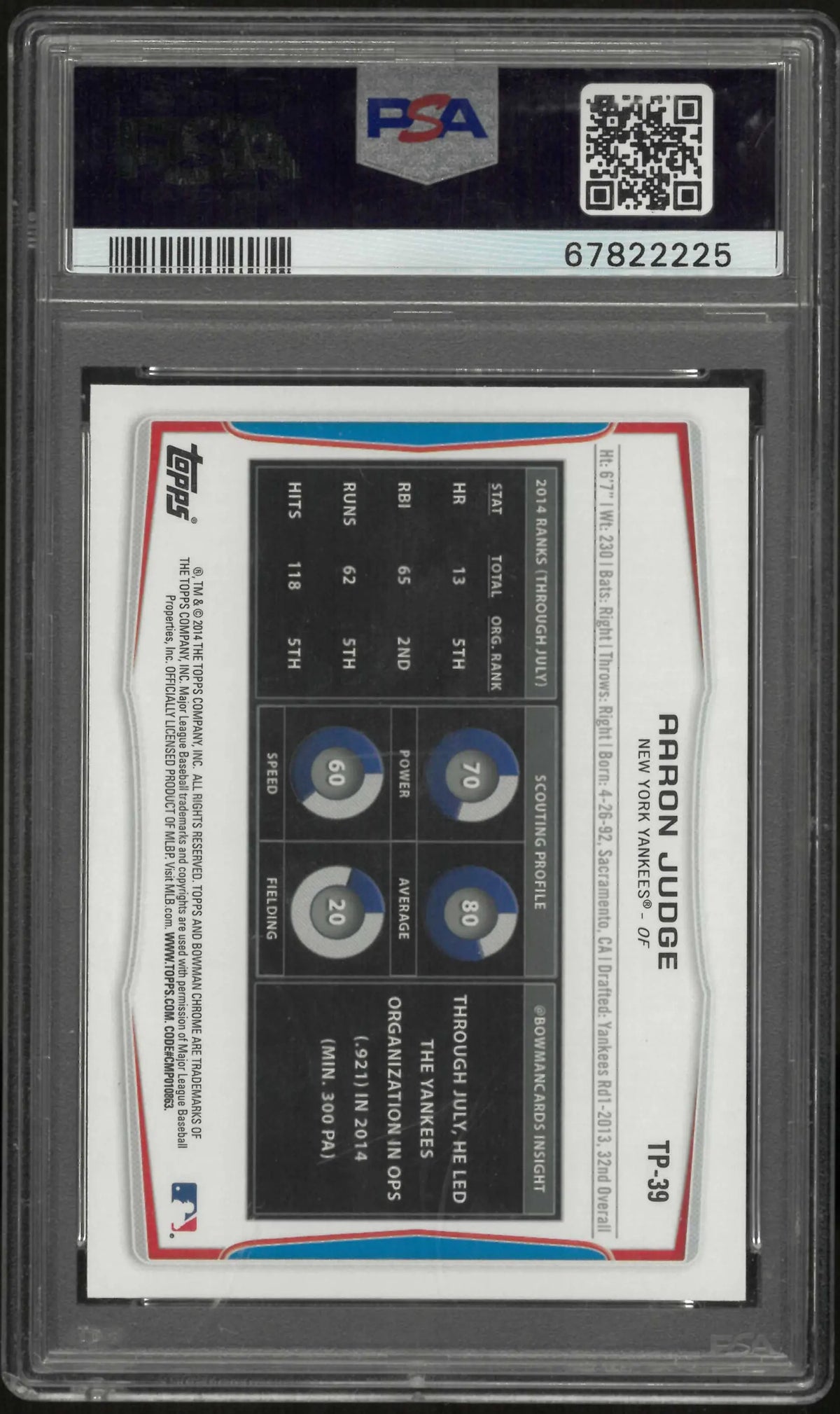 2014 Topps Bowman Draft Picks Top Prospects  Aaron Judge Asia Black PSA 9 