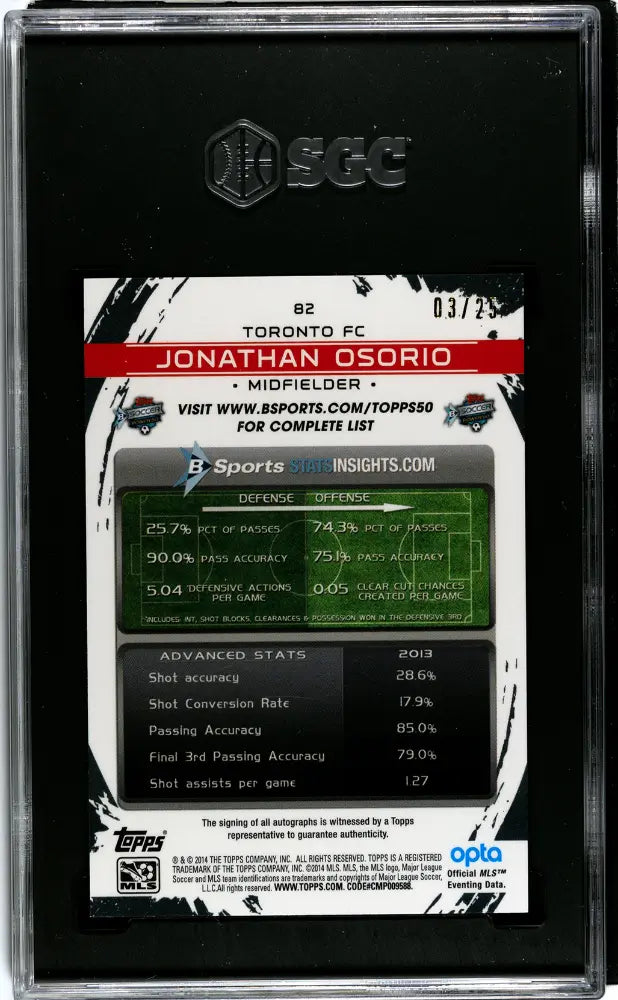 2014 Topps Chrome MLS Jonathan Osorio Autograph Red Refractor /25 SGC 9 Auto 10 