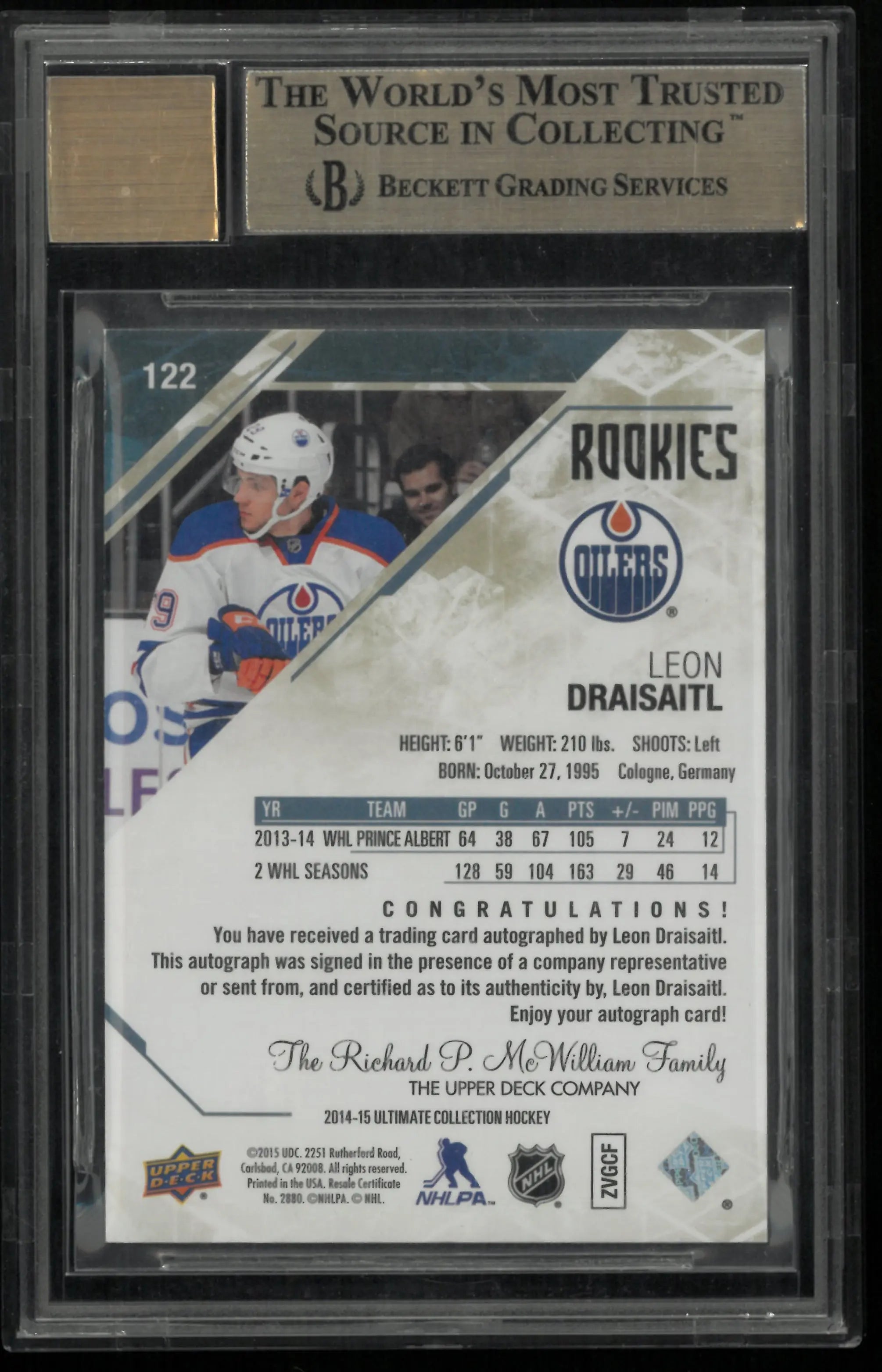 2014 UD Ultimate Collection Leon Draisaitl  Rookie Autograph RC/99 BG 9.5 Auto10 