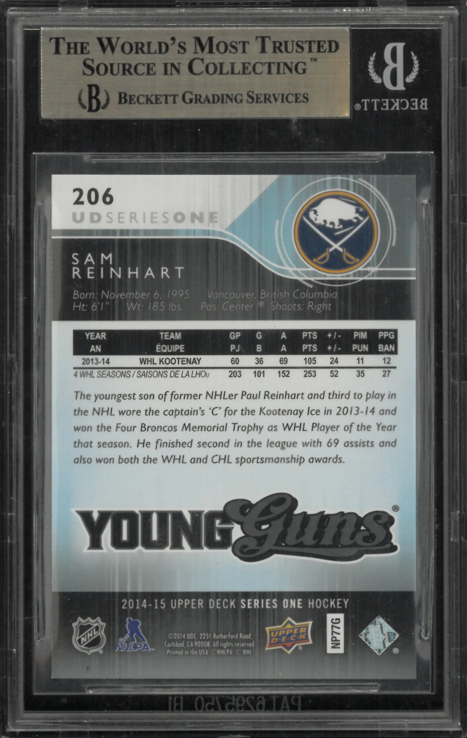 2014 Upper Deck Series 1 Young Guns Rookie Sam Reinhart RC BGS 9.5 
