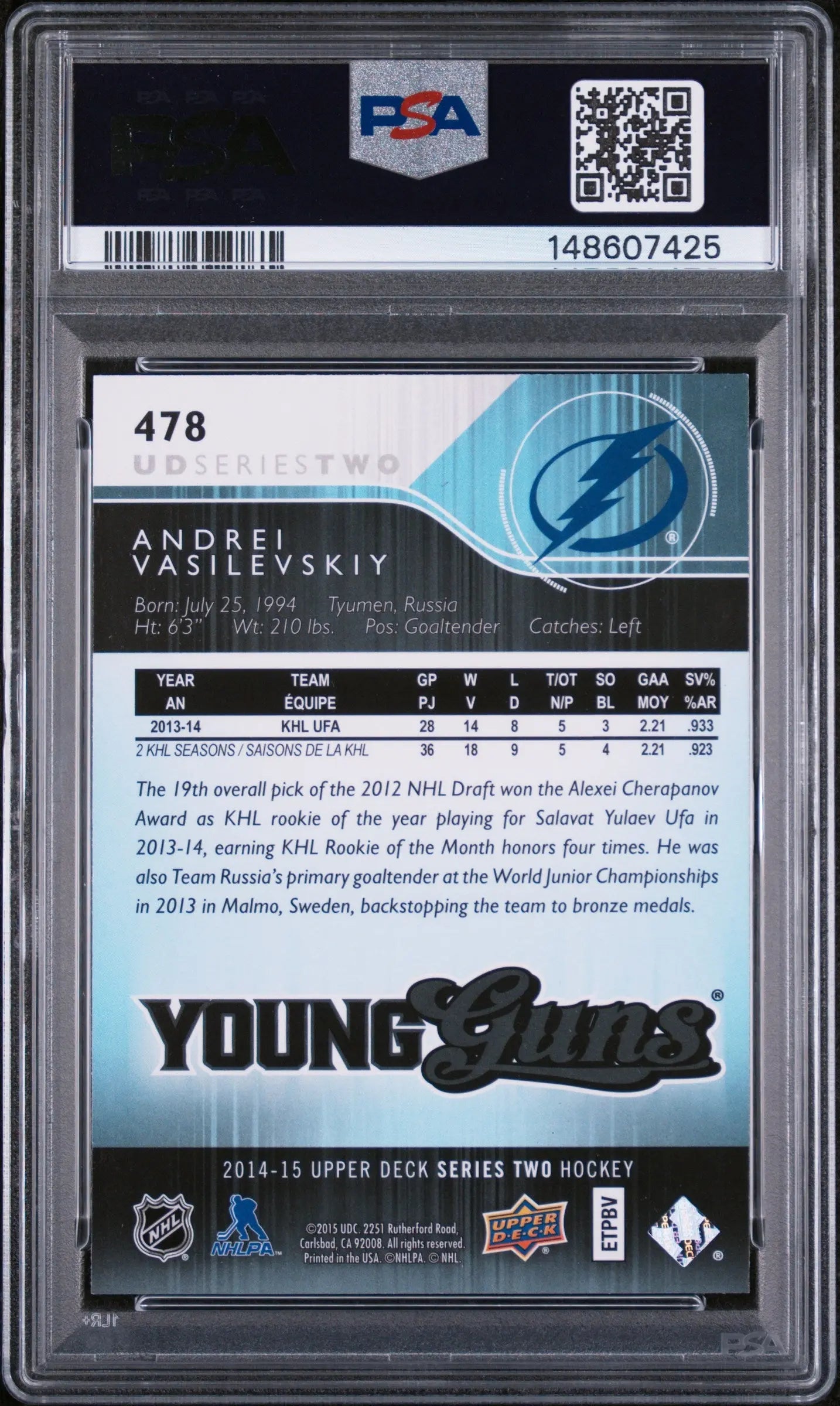2014 Upper Deck Series Two Young Guns Rookie Andrei Vasilevskiy RC PSA 9 