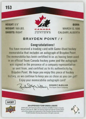 2014 Upper Deck Team Canada Juniors Autograph Patch Brayden Point Auto /199 