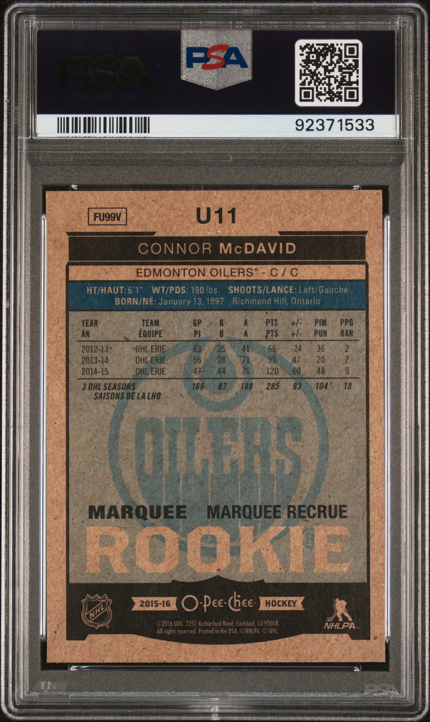 2015-16 O-Pee-Chee OPC Update Connor McDavid RC Rookie PSA 10 