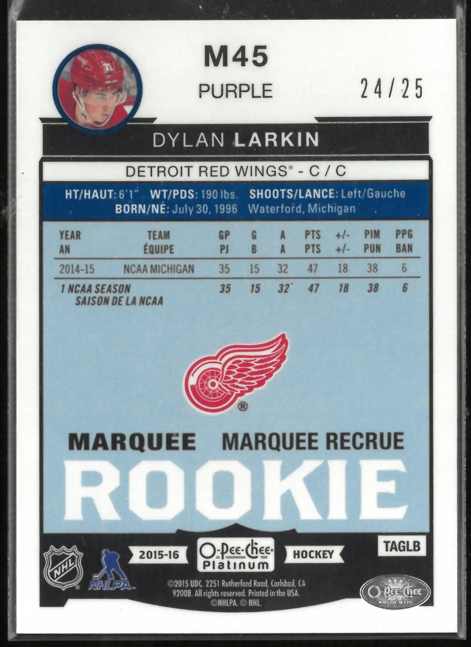 2015-16 O-Pee-Chee Platinum Hockey Purple Rookie Dylan Larkin /25 