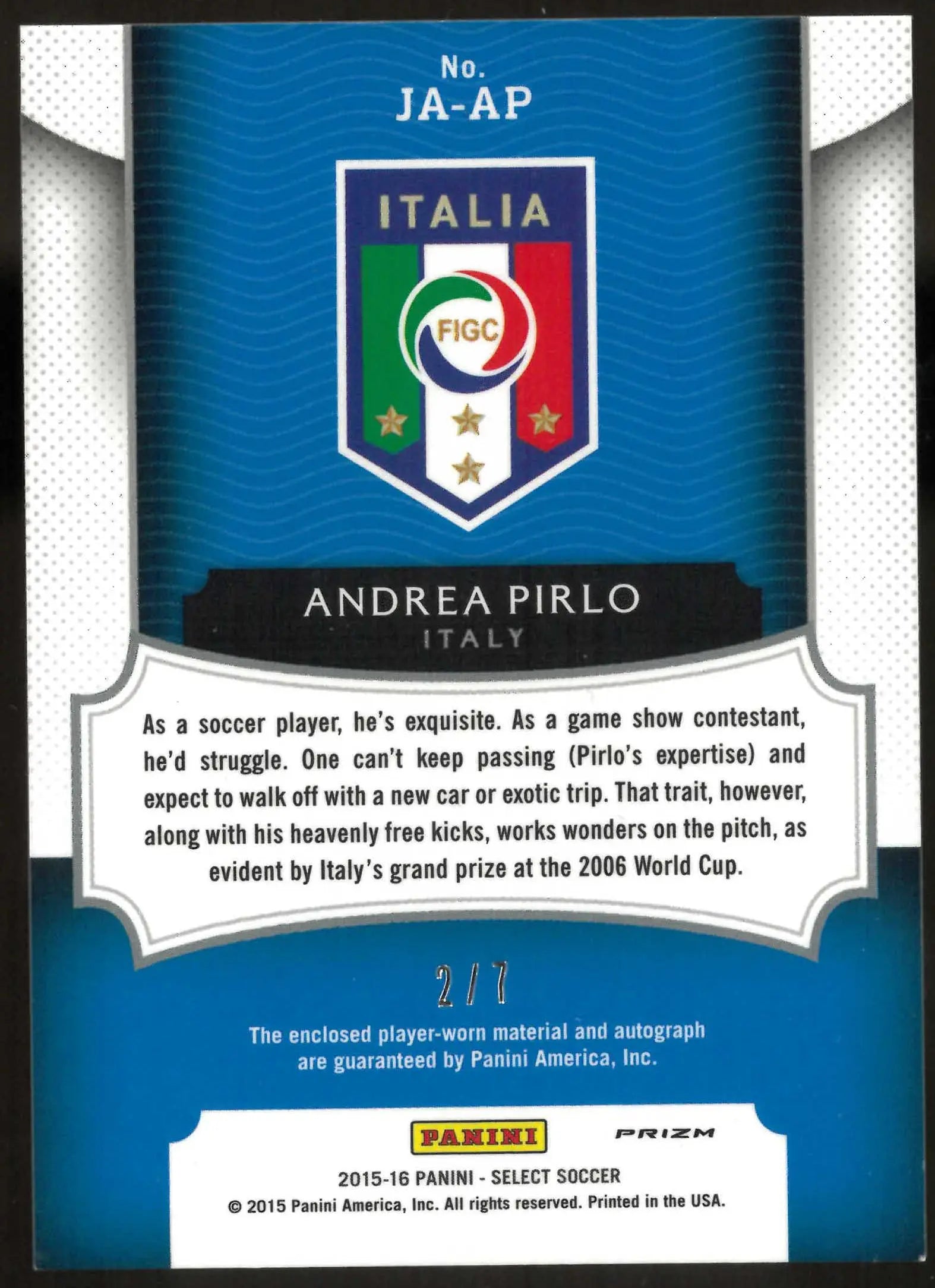 2015-16 Panini Select Autograph Patch Andrea Pirlo Auto /7 