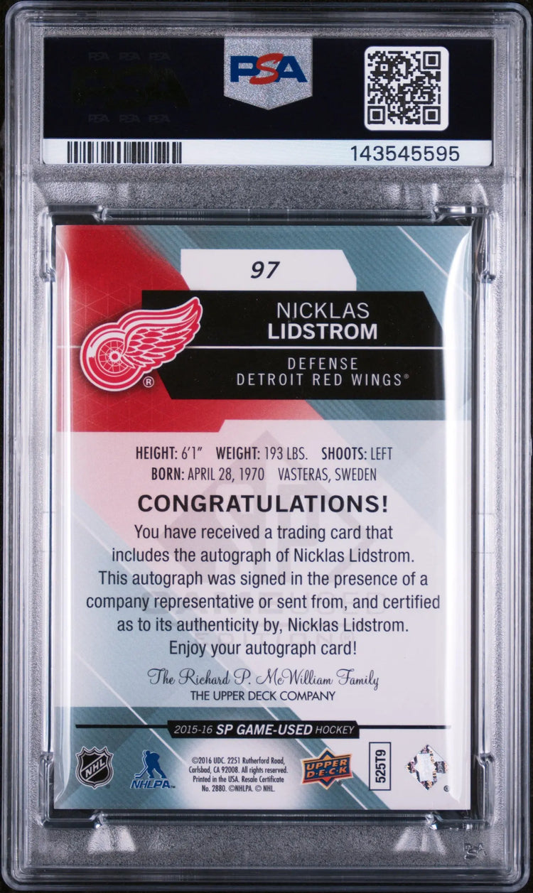 2015-16 SP Game Used Autograph Nicklas Lidstrom Blue Auto PSA 9 