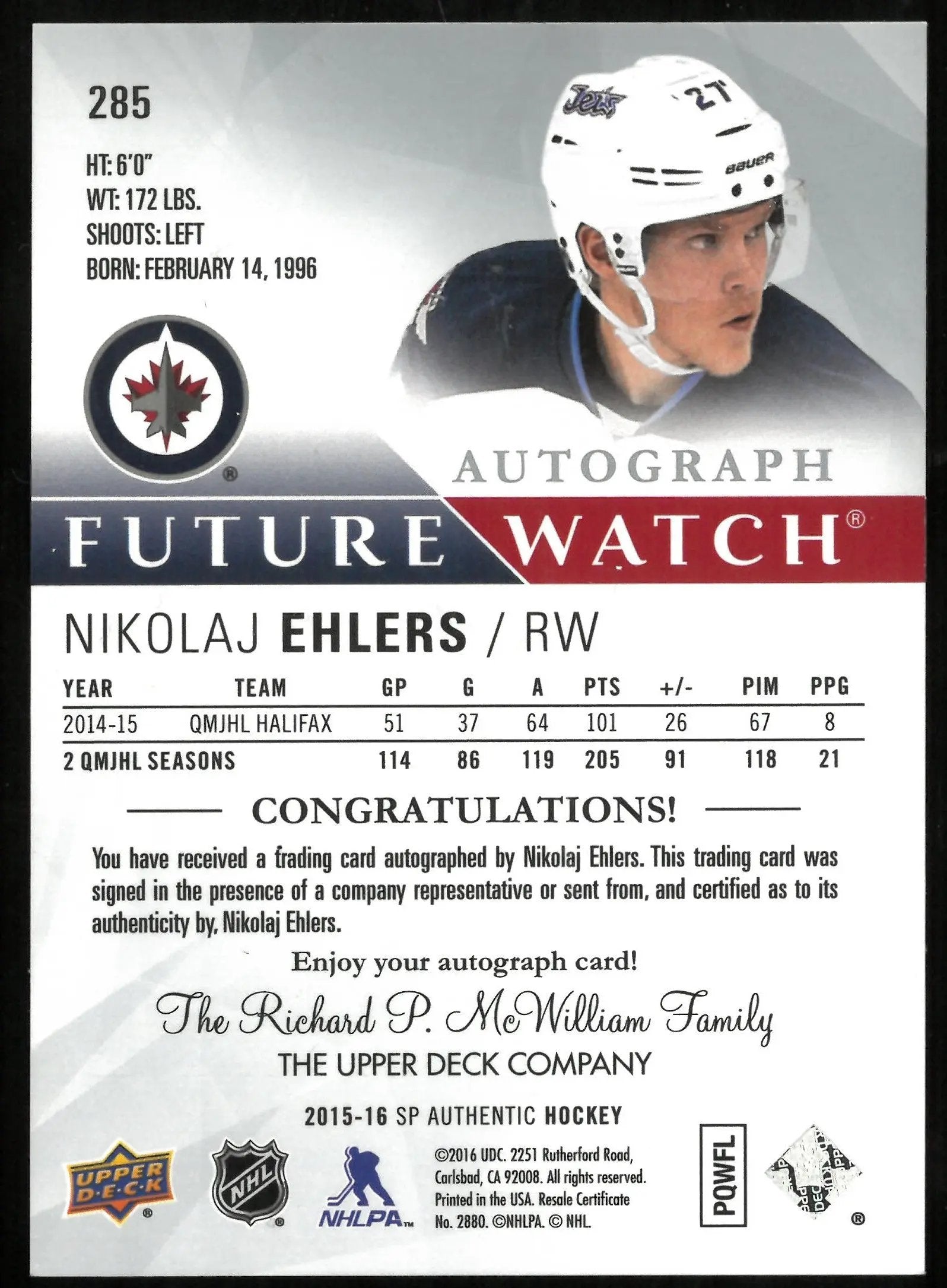 2015-16 UD SP Authentic Nikolaj Ehlers RC Future Watch Auto /999 