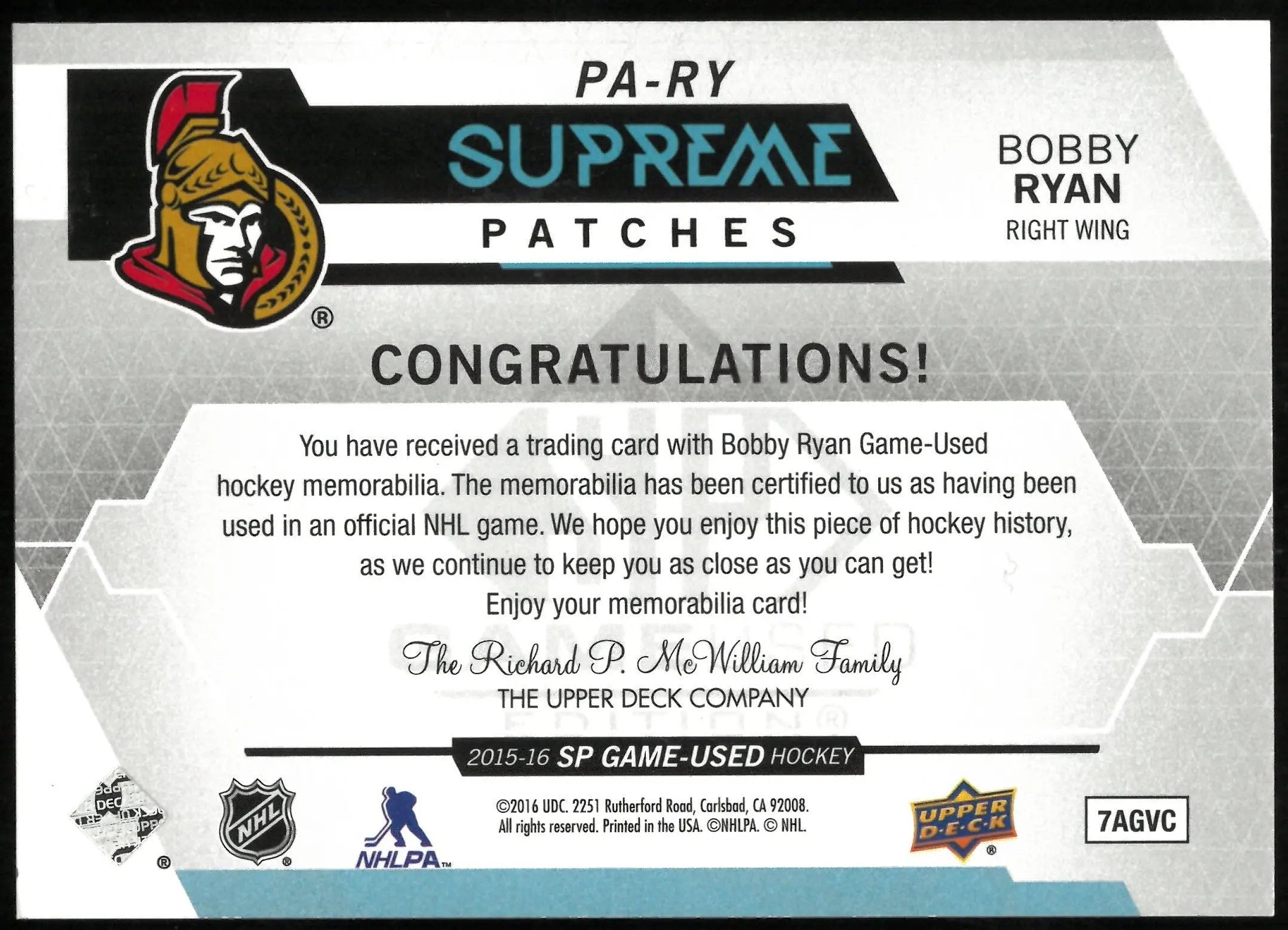 2015-16 UD SP Game Used Bobby Ryan Supreme Patch Patches /15 