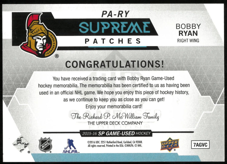 2015-16 UD SP Game Used Bobby Ryan Supreme Patch Patches /15 