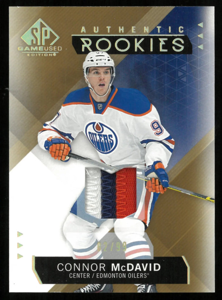 2015-16 UD SP Game Used Connor McDavid Authentic Rookie RC 3 Color Patch /99 