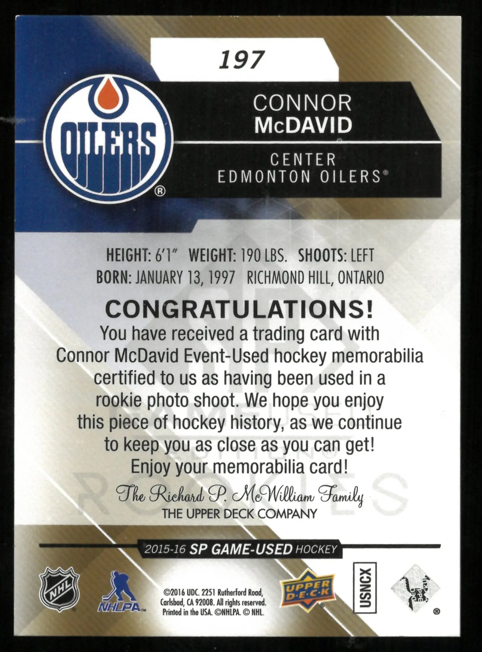 2015-16 UD SP Game Used Connor McDavid Authentic Rookie RC 3 Color Patch /99 