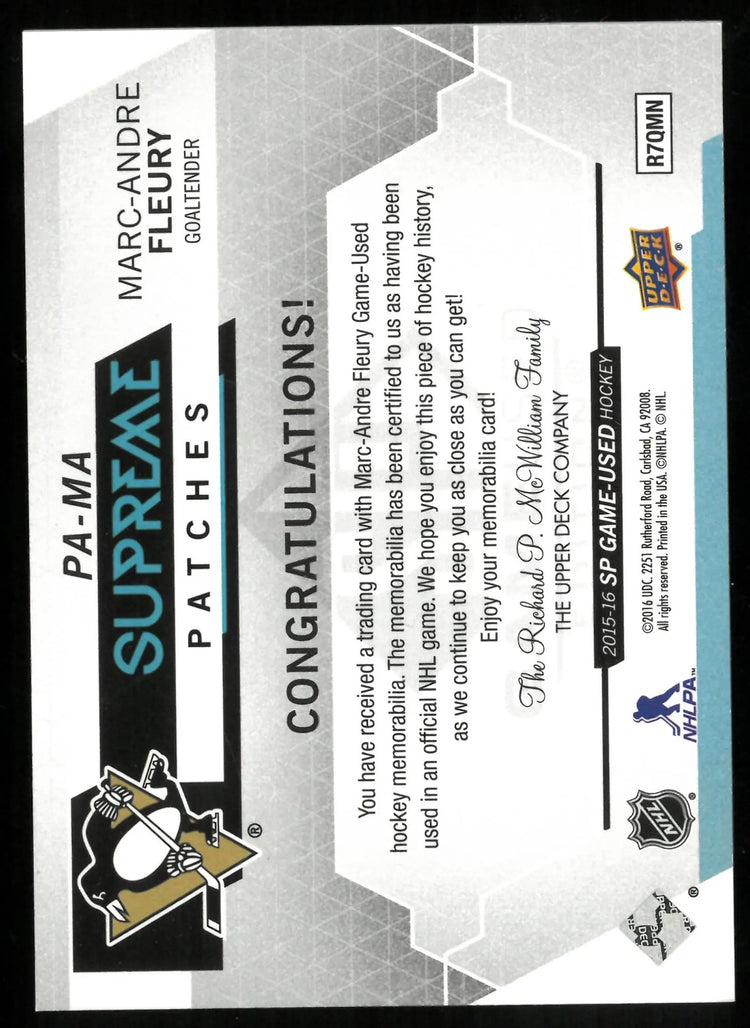 2015-16 UD SP Game Used Marc-Andre Fleury Supreme Patches /15 