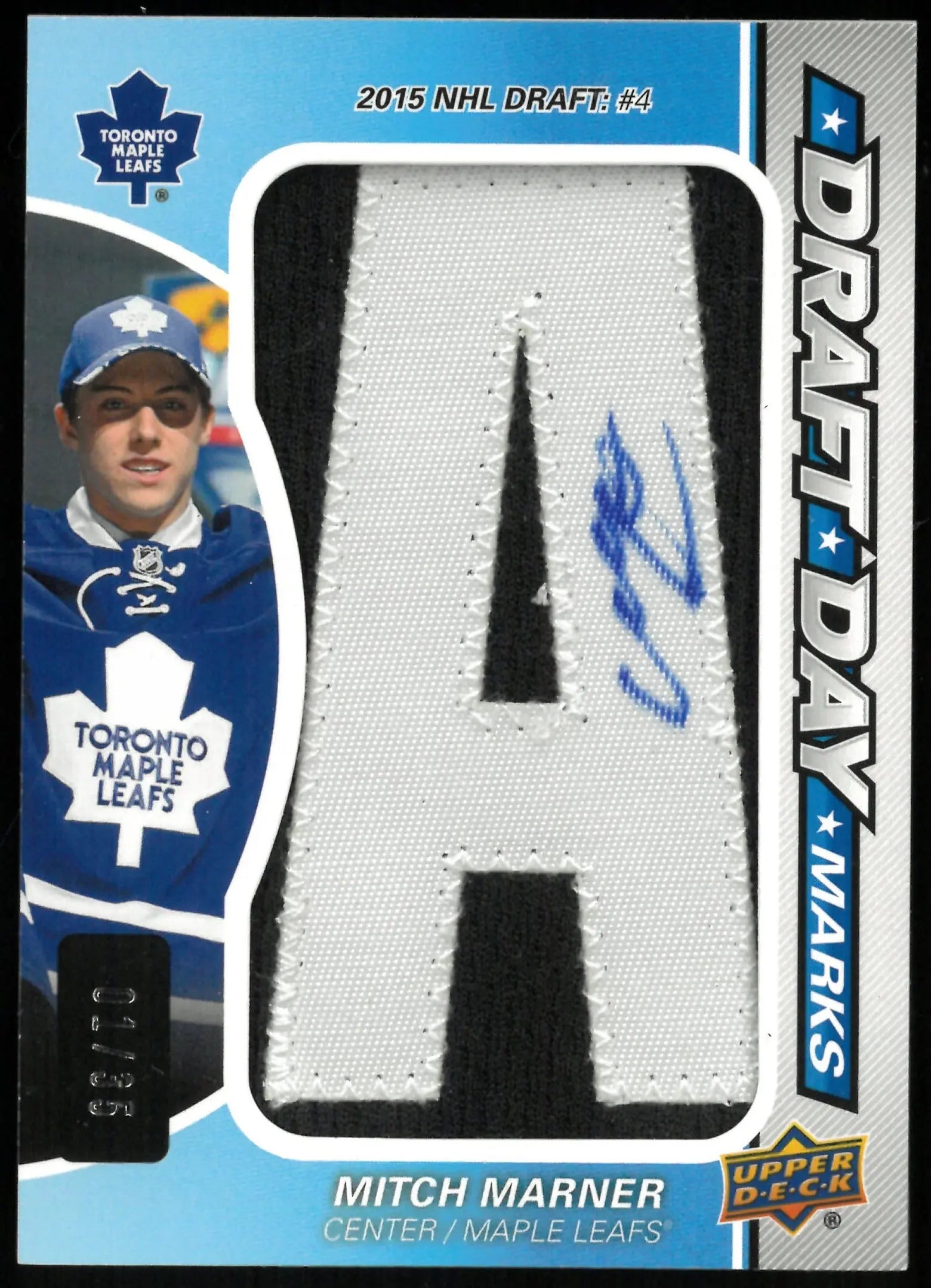 2015-16 UD SP Game Used Mitch Marner Draft Day Marks "Letter A" RC Auto 1/35 