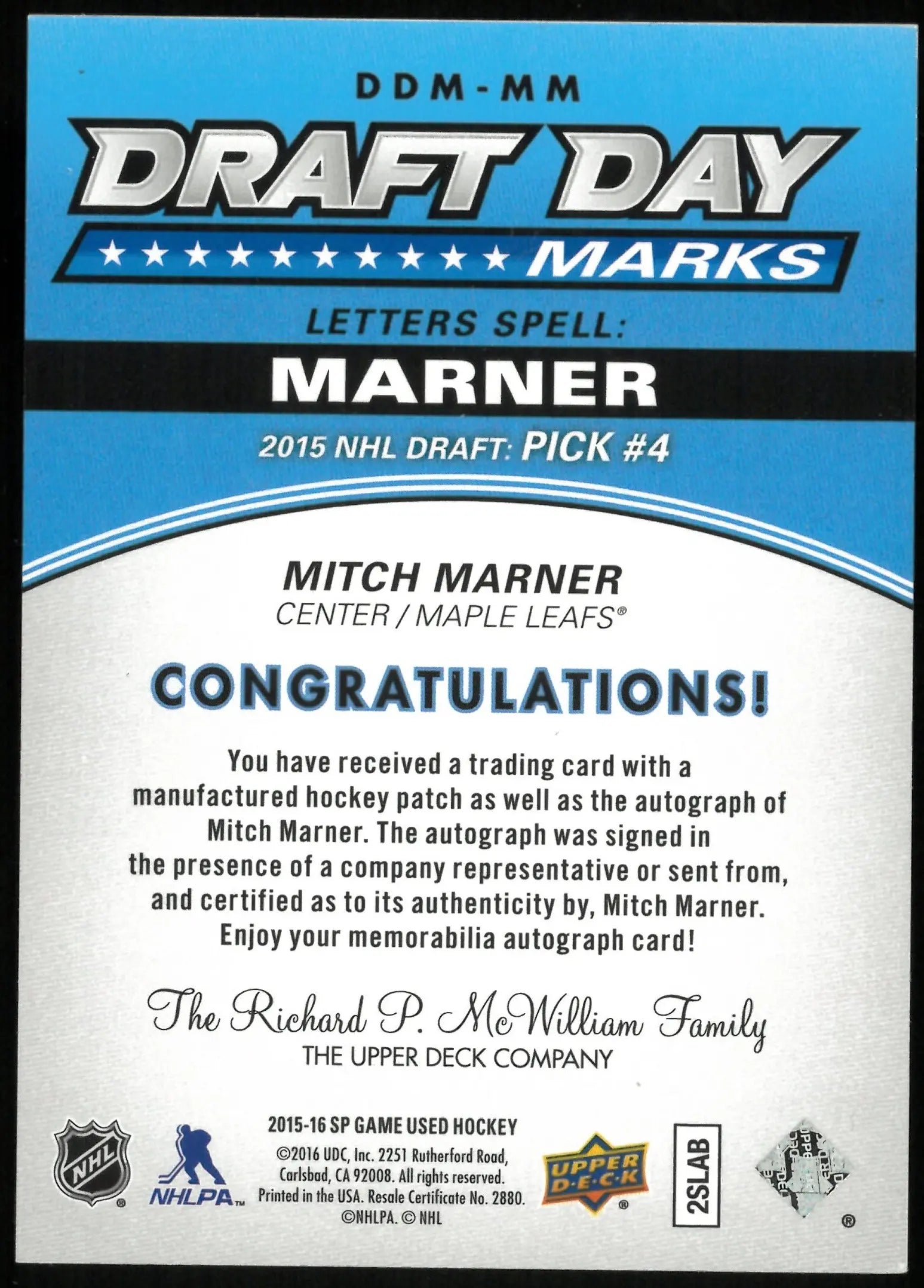 2015-16 UD SP Game Used Mitch Marner Draft Day Marks "Letter A" RC Auto 1/35 