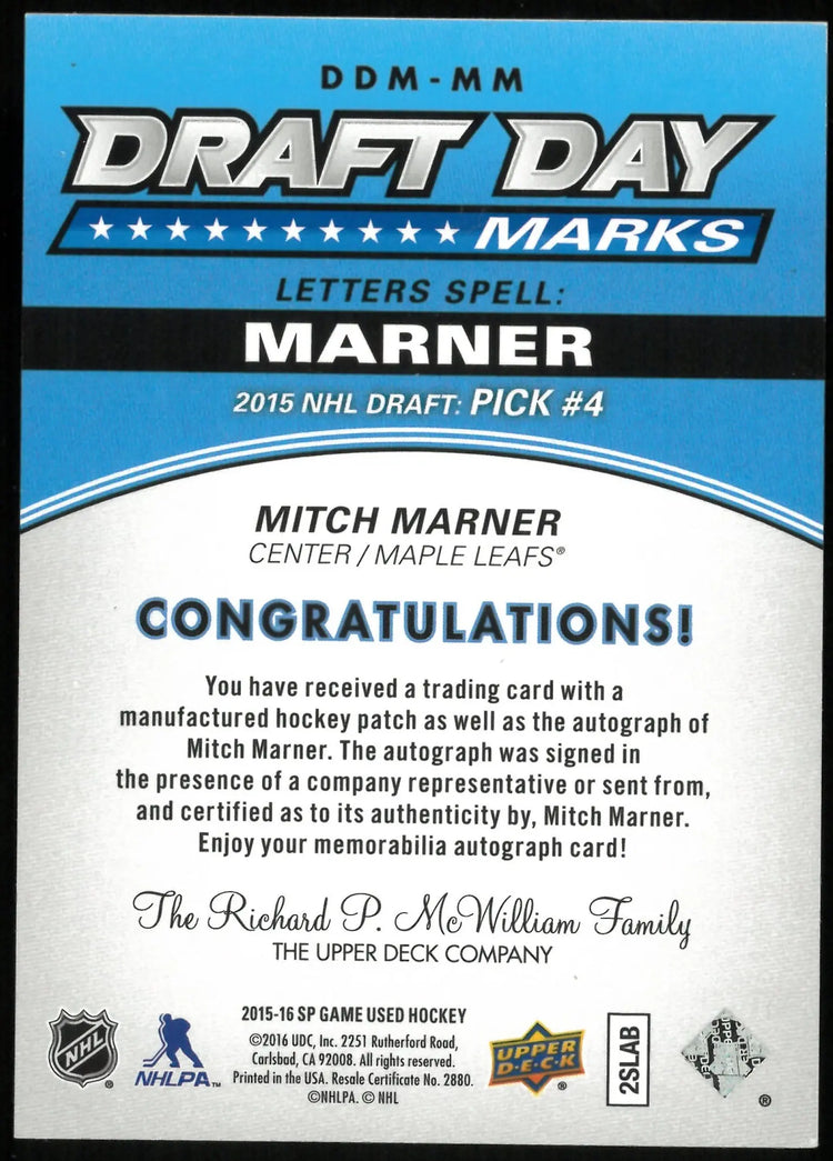 2015-16 UD SP Game Used Mitch Marner Draft Day Marks "Letter A" RC Auto 1/35 