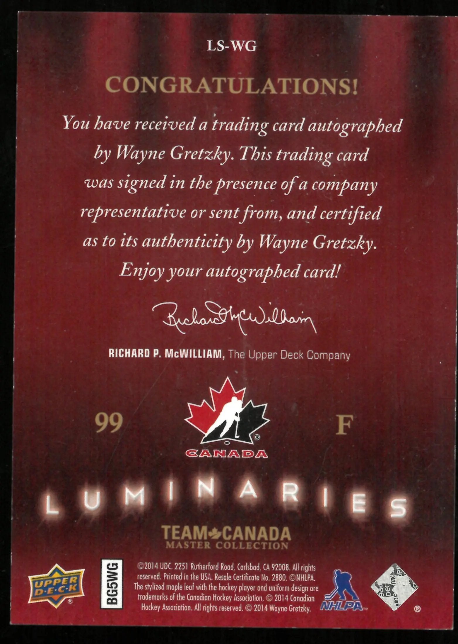2015-16 UD Team Canada Master Collection Wayne Gretzky Luminaries Gold Auto /99 