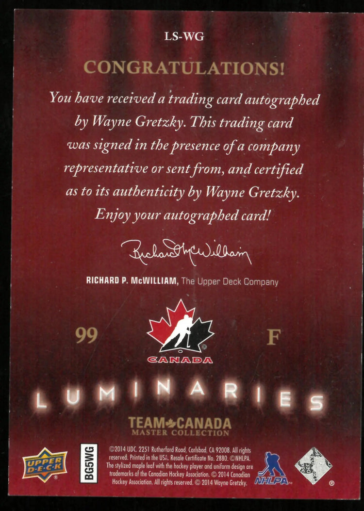2015-16 UD Team Canada Master Collection Wayne Gretzky Luminaries Gold Auto /99 