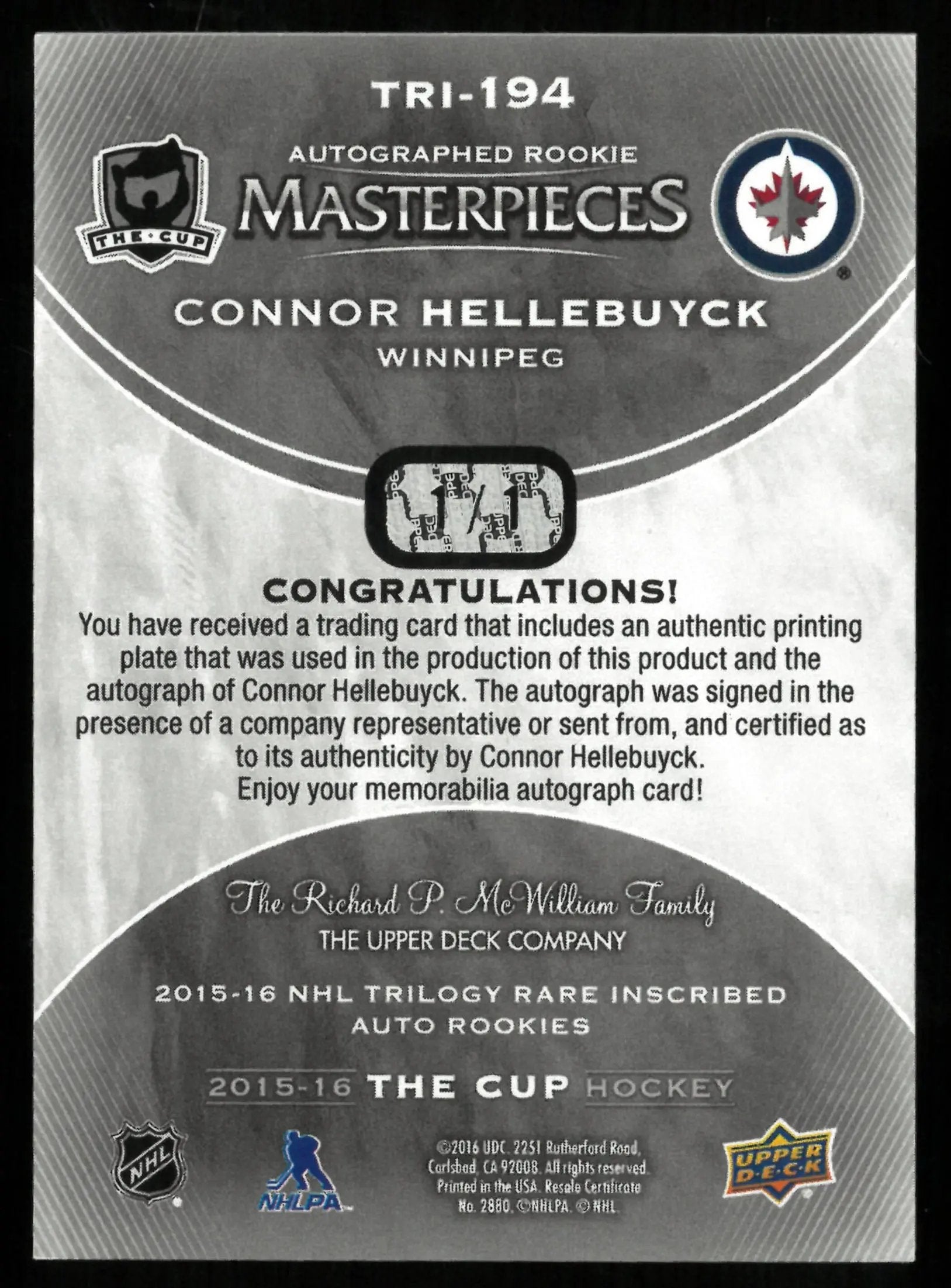 2015-16 UD The Cup Connor Hellebuyck RC Rookie Yellow Printing Plate Auto 1/1 