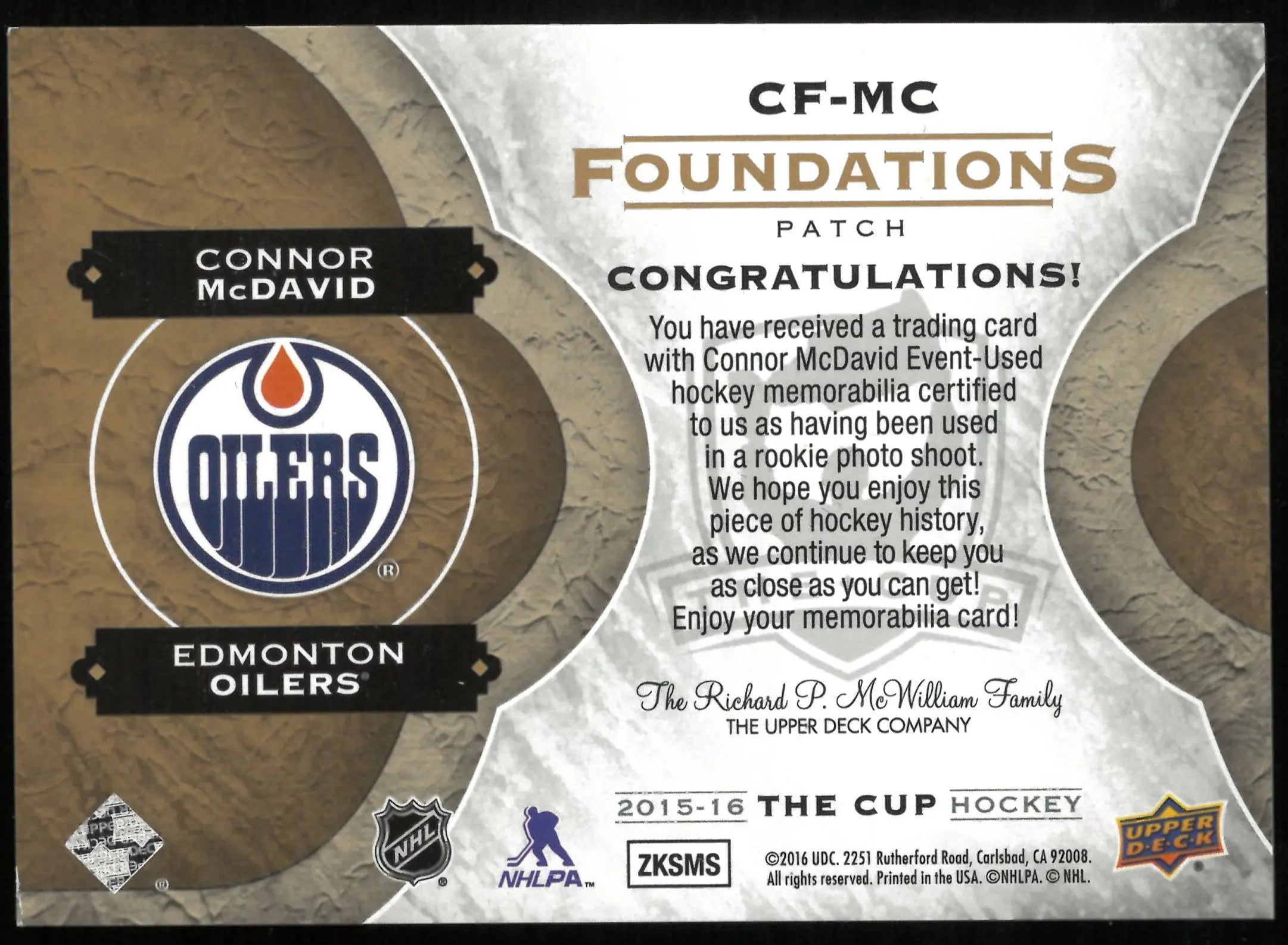 2015-16 UD The Cup Hockey Connor McDavid RC Rookie Gold Quad Patch /10 