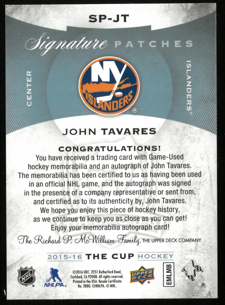 2015-16 UD The Cup John Tavares Gold Foil Signature Patches Auto /99 