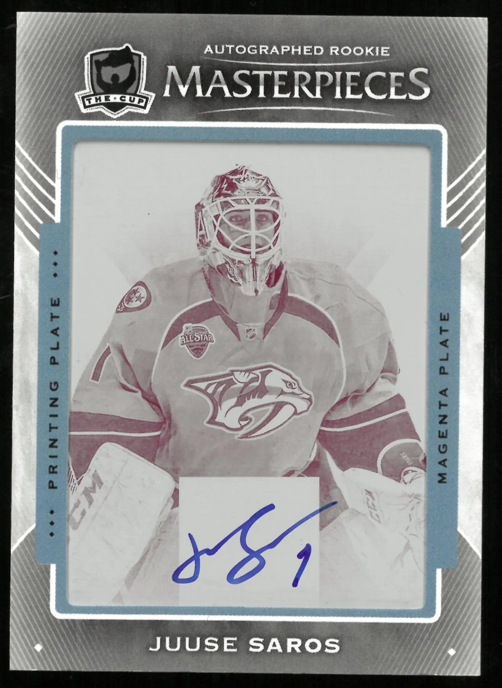 2015-16 UD The Cup Juuse Saros RC Rookie Magenta Printing Plate Auto 1/1 