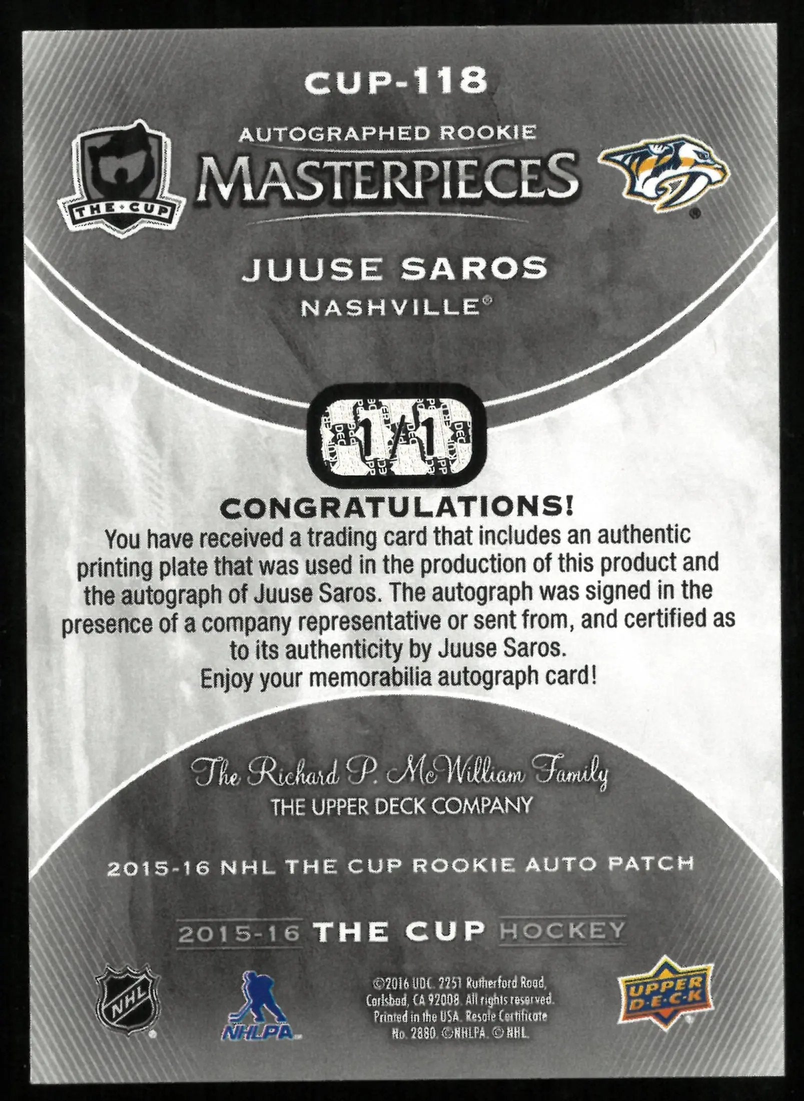2015-16 UD The Cup Juuse Saros RC Rookie Magenta Printing Plate Auto 1/1 