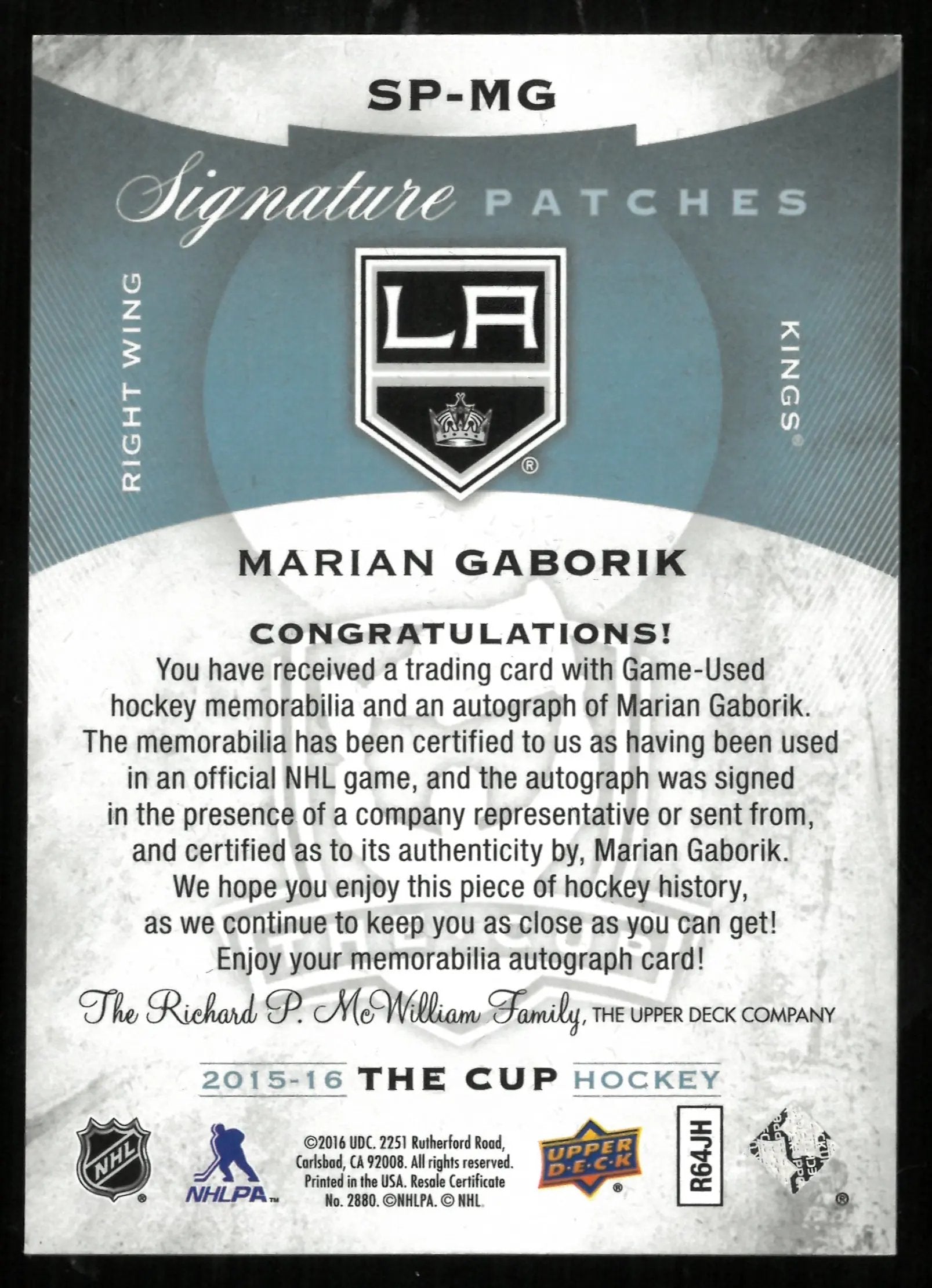 2015-16 UD The Cup Marian Gaborik Signature 3 Color Patches Auto /25 
