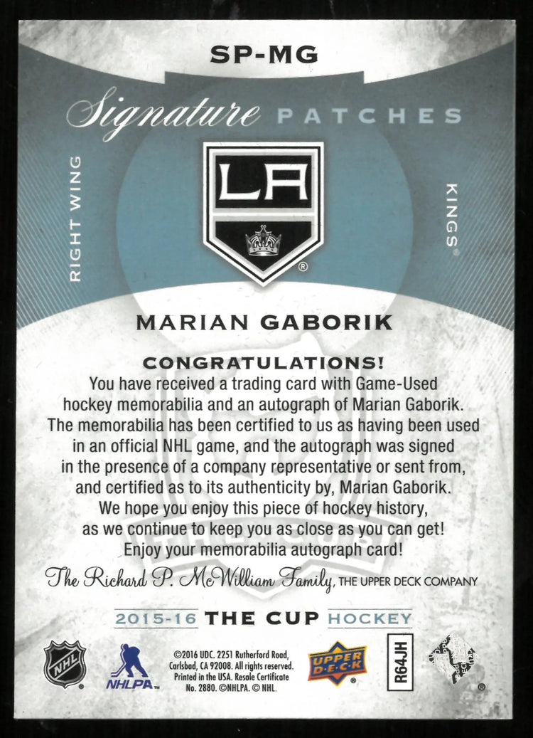 2015-16 UD The Cup Marian Gaborik Signature 3 Color Patches Auto /25 