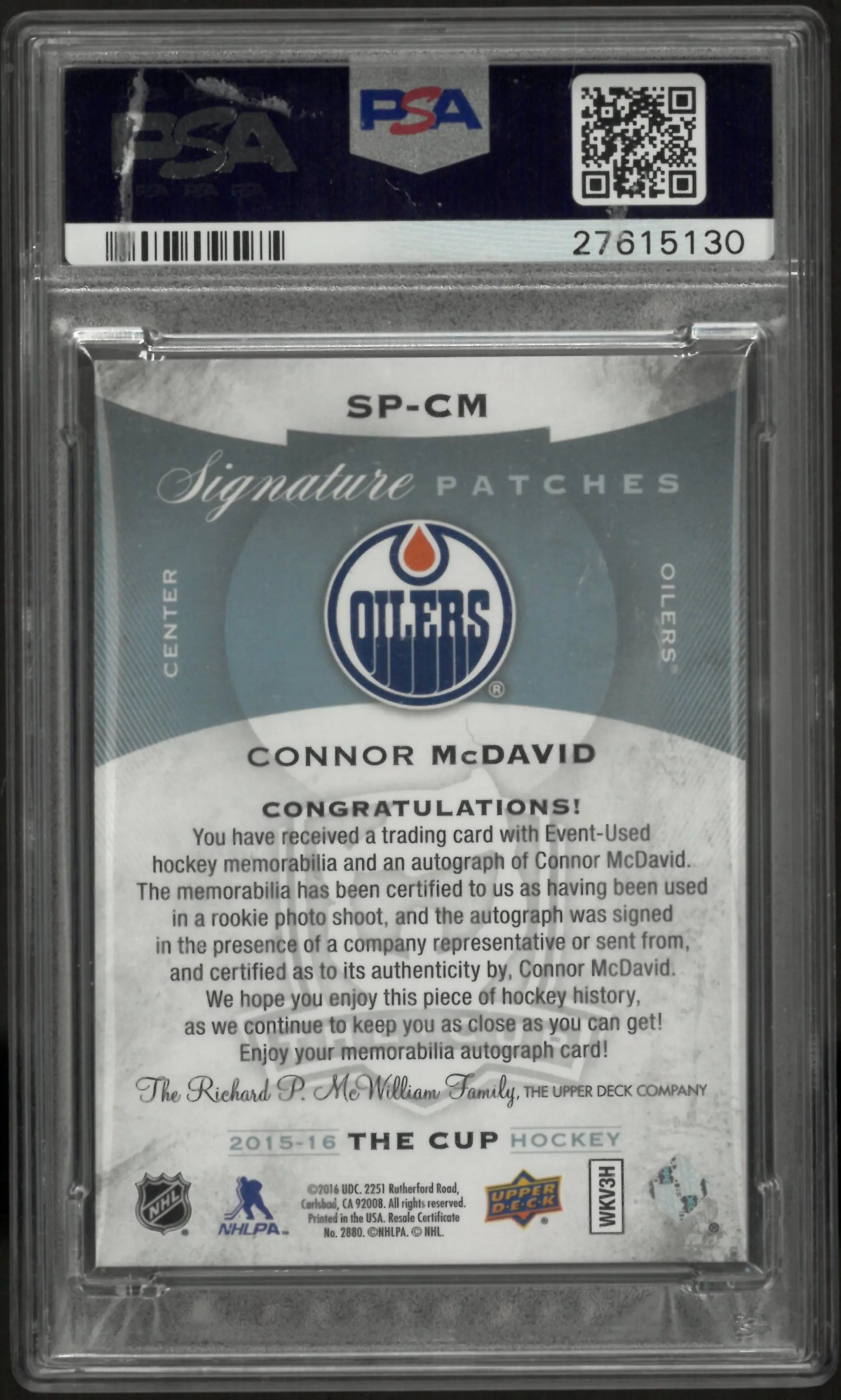 2015-16 UD The Cup Signature Patch Auto Autograph Connor McDavid RC PSA 9 /99 