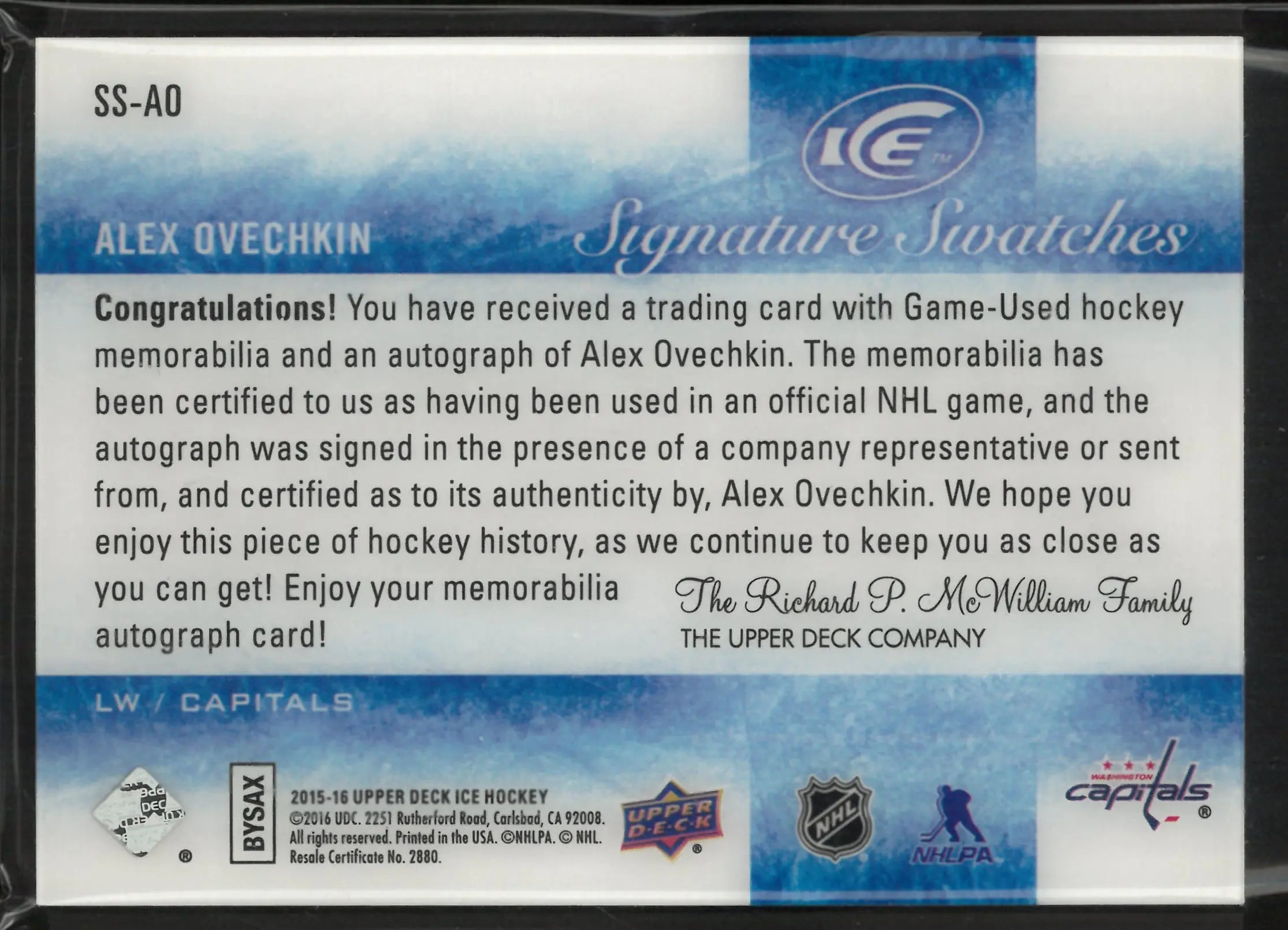 2015-16 Upper Deck Ice Signature Swatches Alex Ovechkin Autograph Patch 