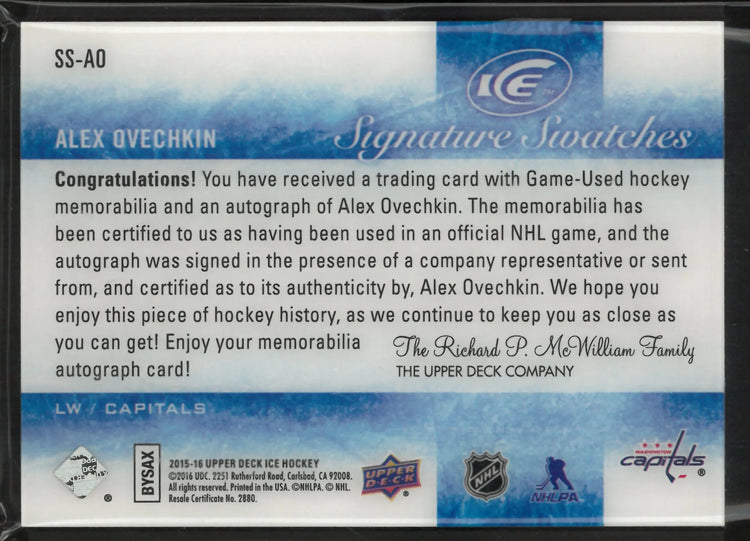 2015-16 Upper Deck Ice Signature Swatches Alex Ovechkin Autograph Patch 