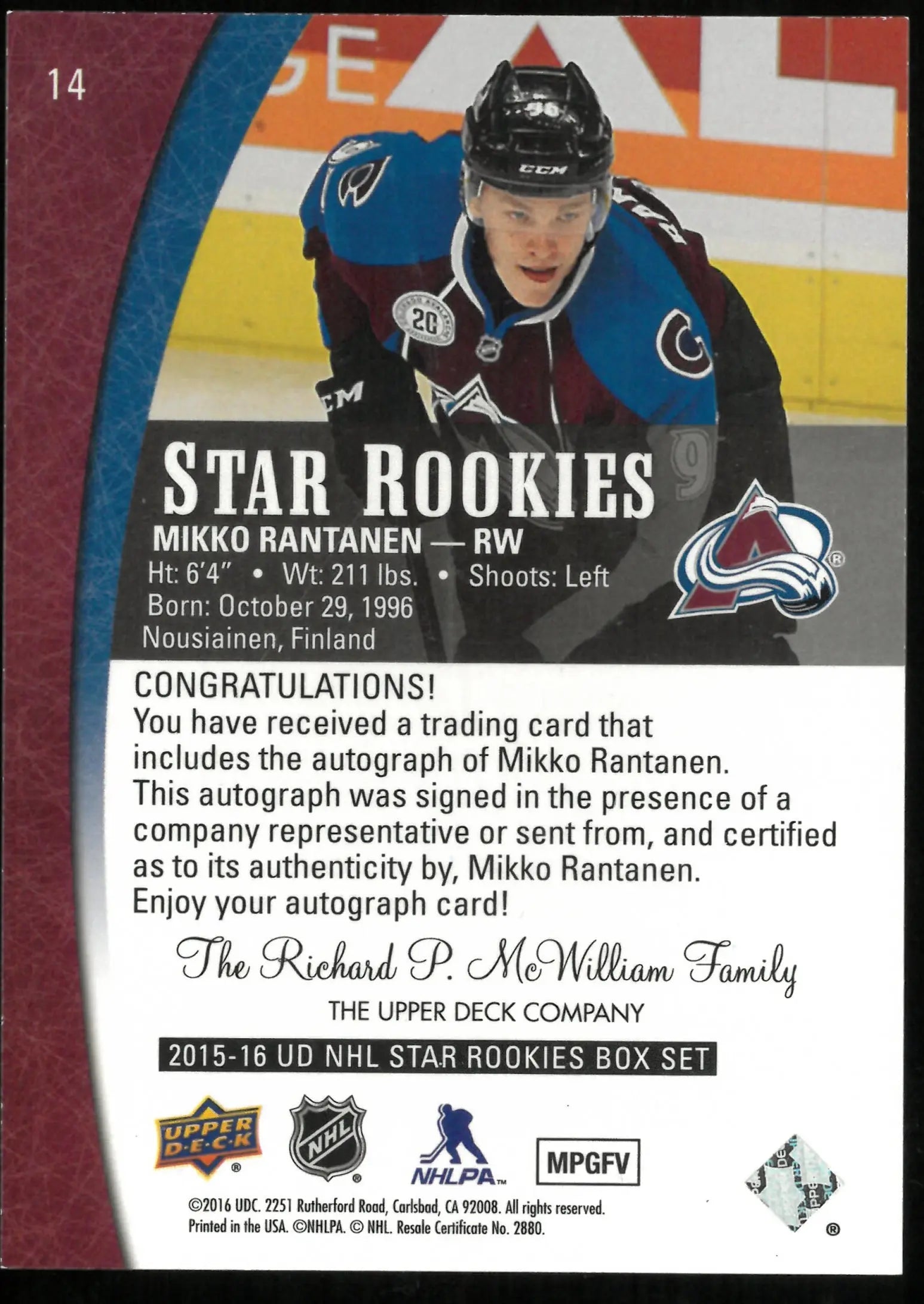 2015-16 Upper Deck NHL Star Rookies Box Set Mikko Rantanen RC Auto SSP 