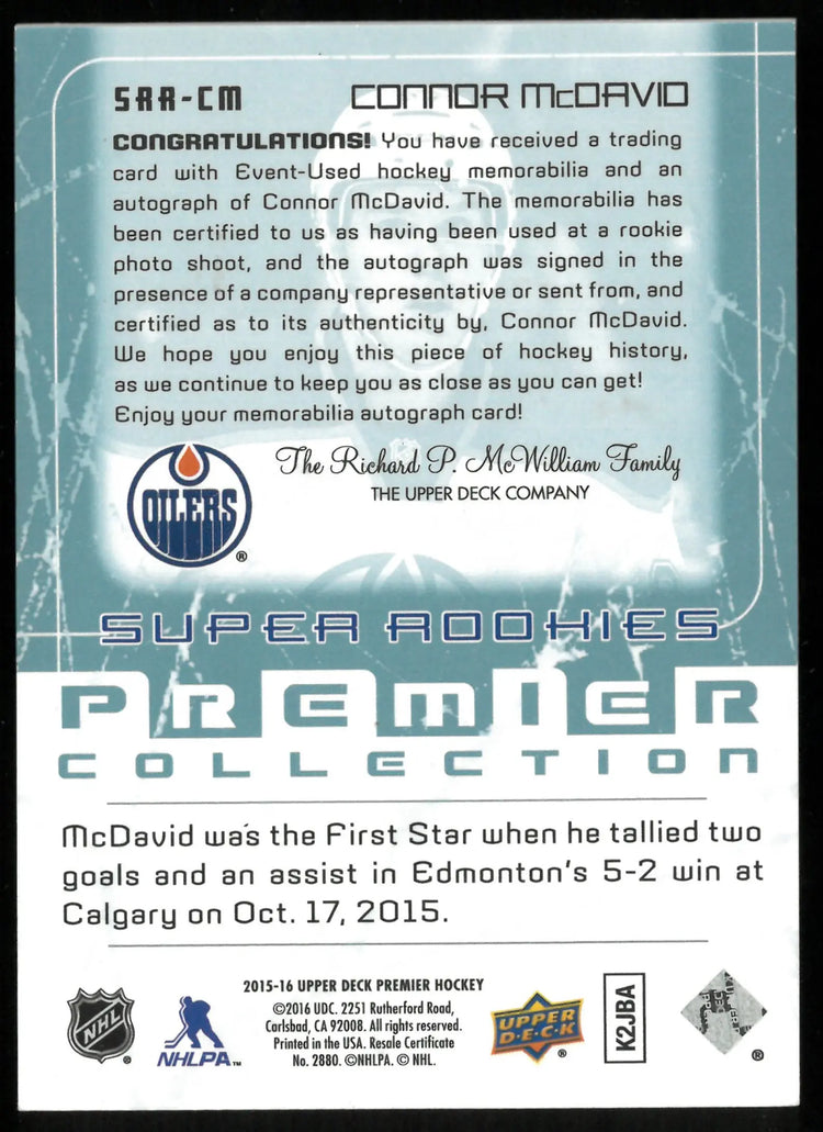 2015-16 Upper Deck Premier Connor McDavid RC Super Rookies Patch Auto /49 