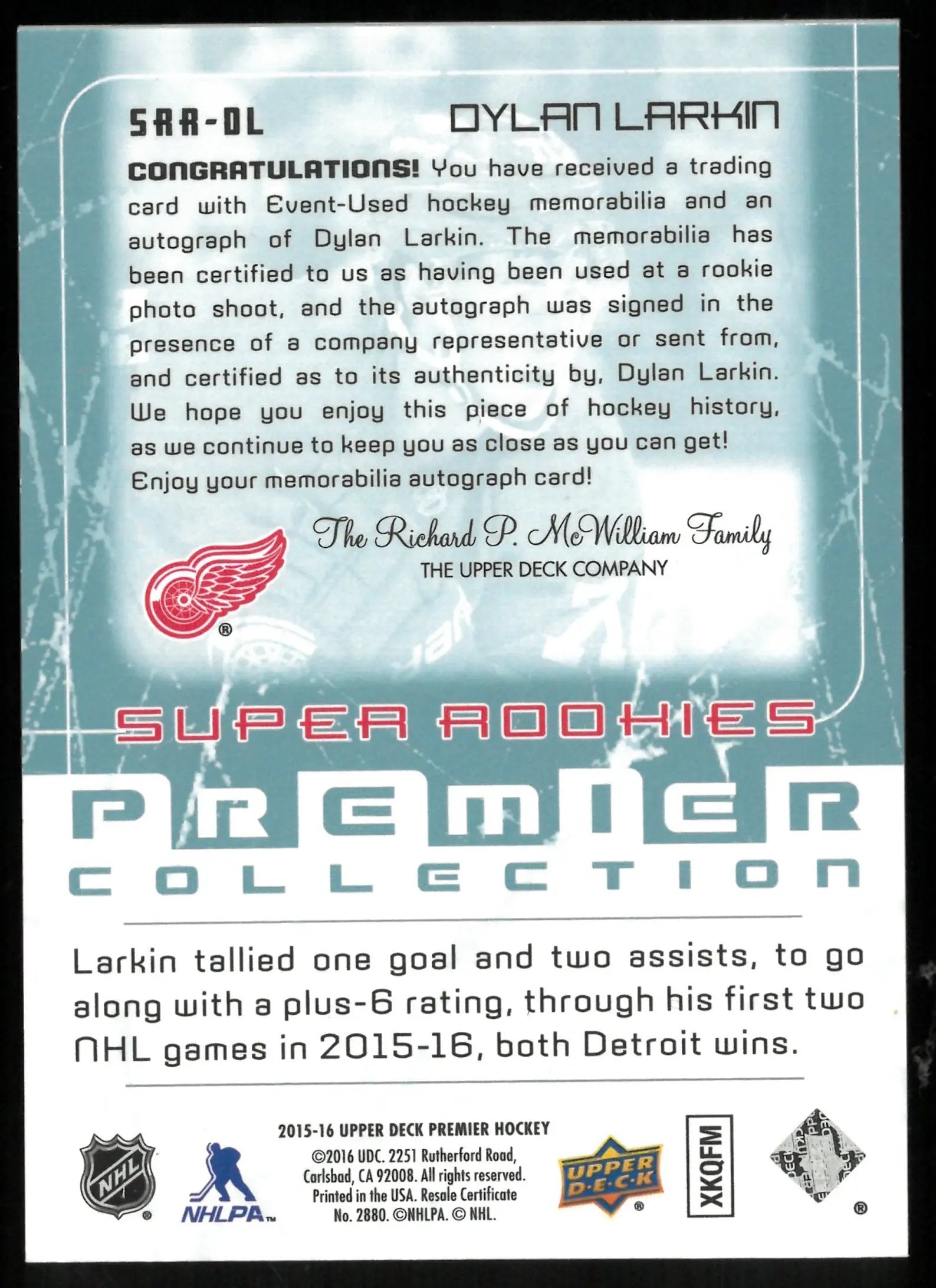 2015-16 Upper Deck Premier Dylan Larkin RC Super Rookies Patch Auto /49 