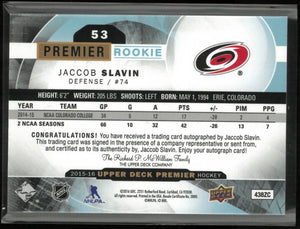 2015-16 Upper Deck Premier Rookie Jaccob Slavin Autograph Auto RC /399 