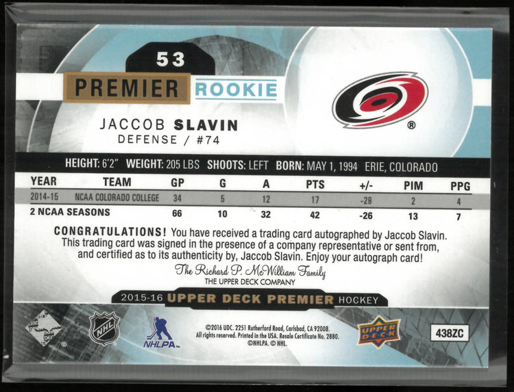 2015-16 Upper Deck Premier Rookie Jaccob Slavin Autograph Auto RC /399 